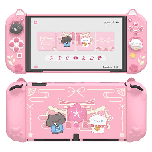 PlayVital Cherry Blossoms Kitten Dockable Hard Shell Protective Case with Thumb Grips & Extra Stand for Nintendo Switch OLED - Pink