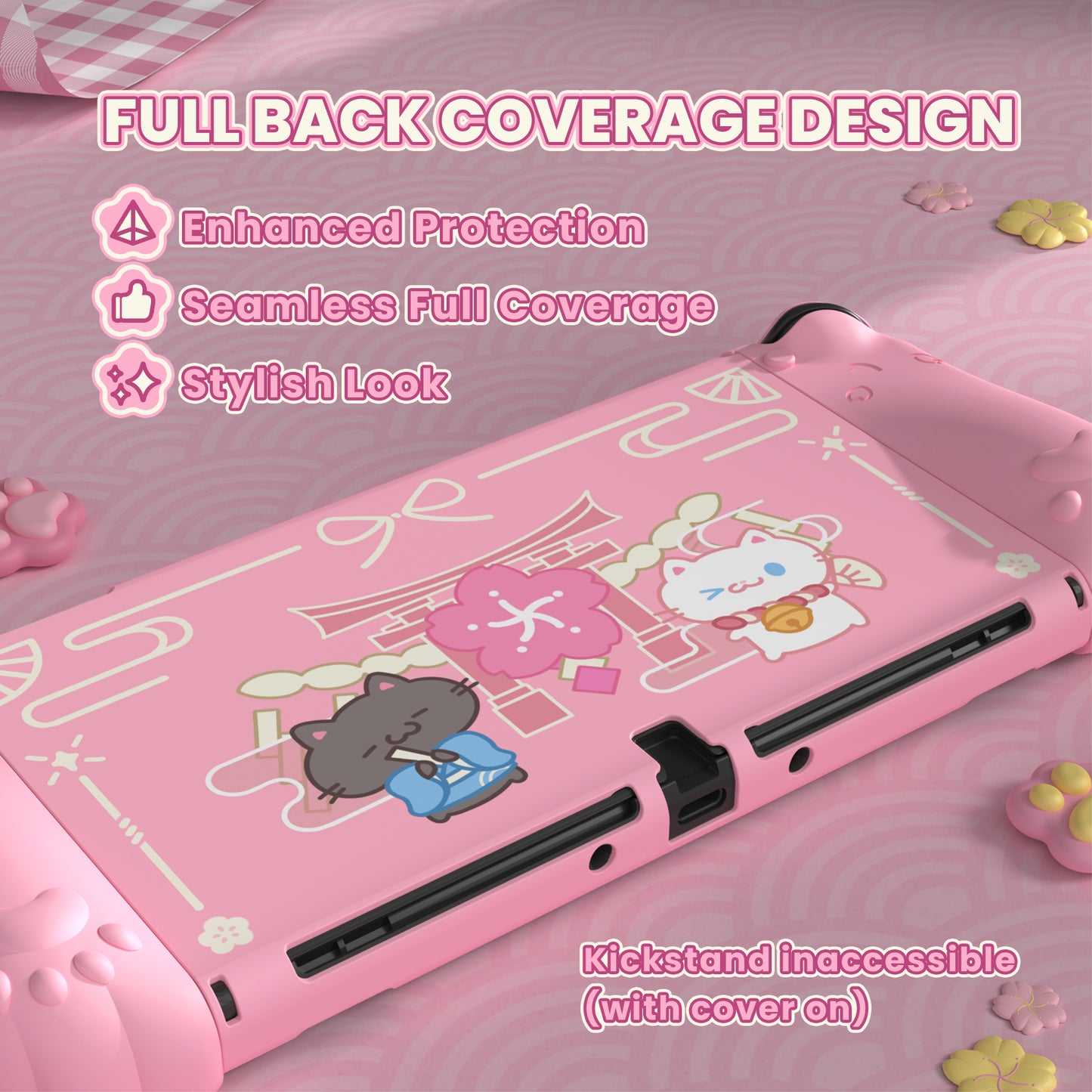 PlayVital Cherry Blossoms Kitten Dockable Hard Shell Protective Case with Thumb Grips & Extra Stand for Nintendo Switch OLED - Pink