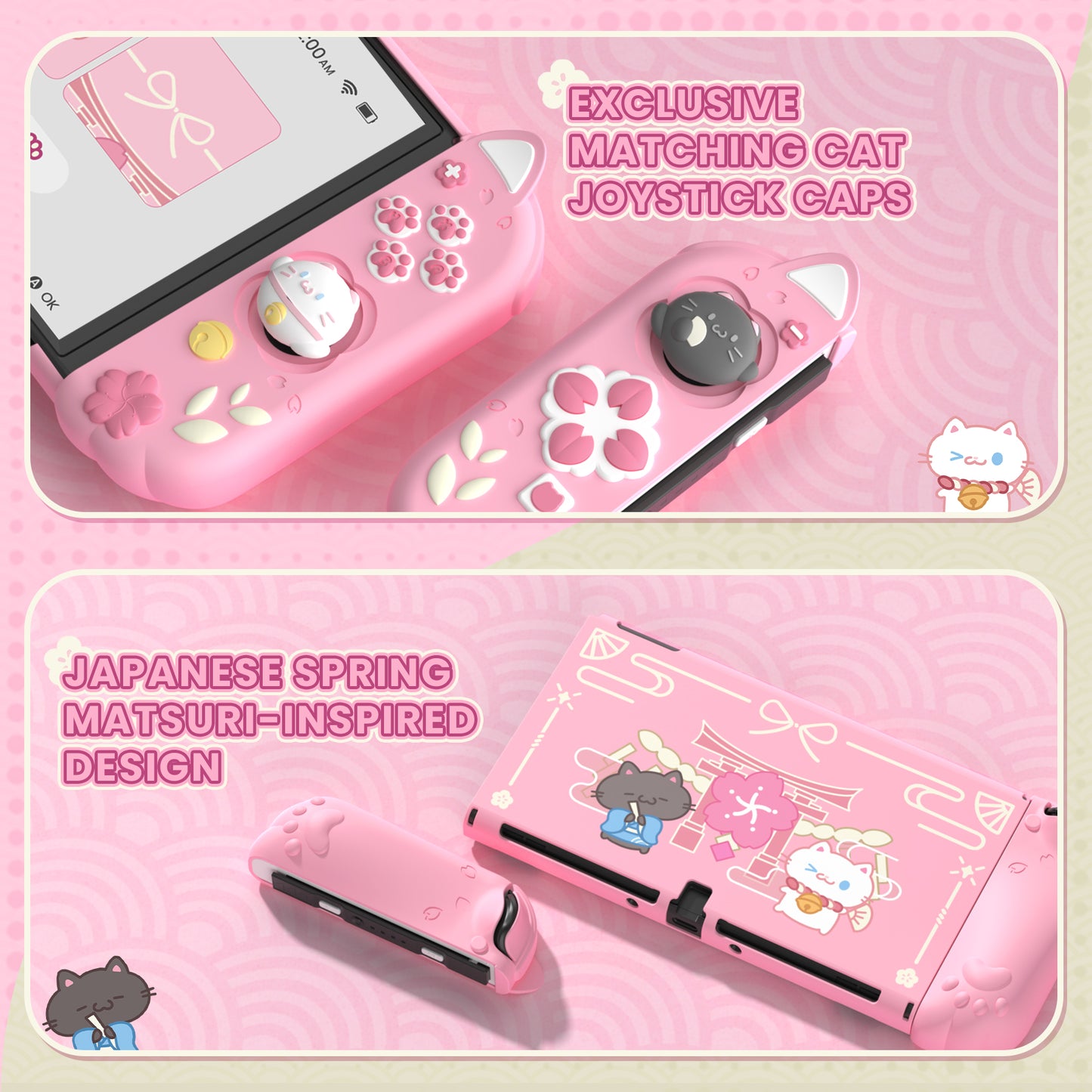 PlayVital Cherry Blossoms Kitten Dockable Hard Shell Protective Case with Thumb Grips & Extra Stand for Nintendo Switch OLED - Pink