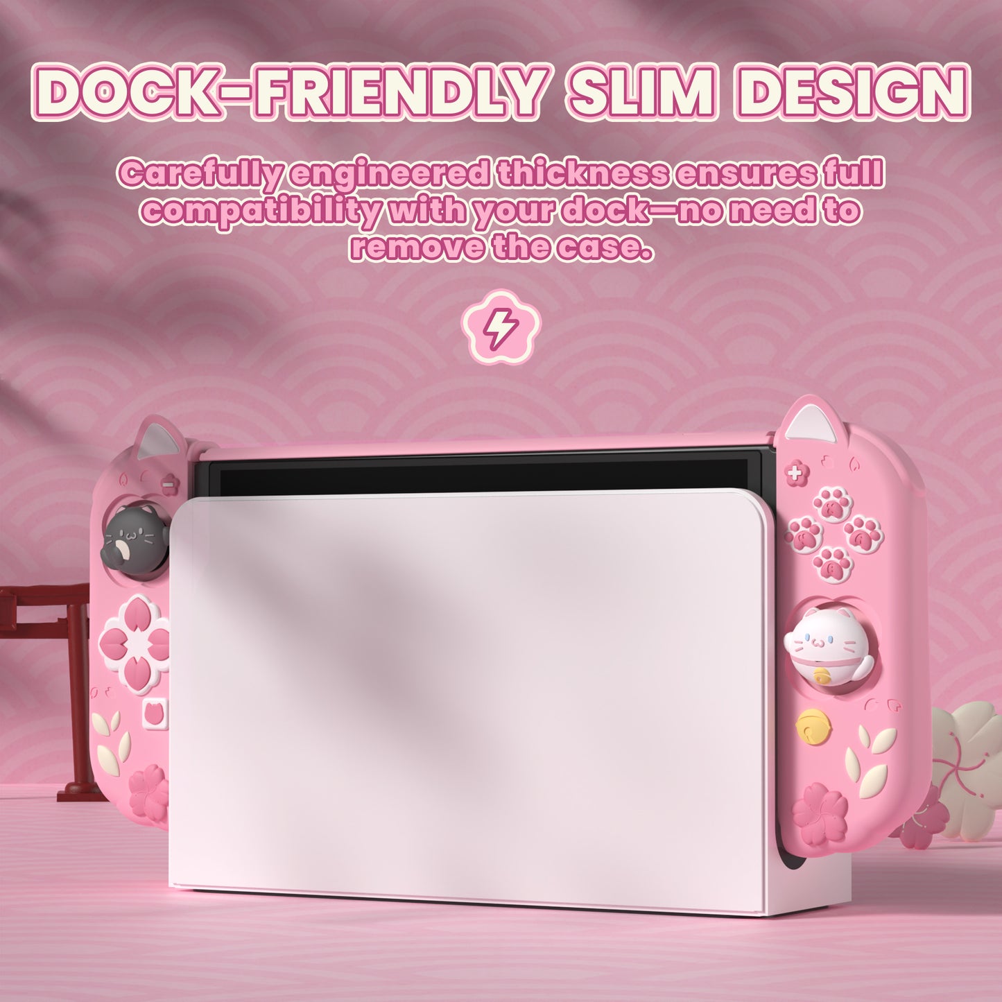PlayVital Cherry Blossoms Kitten Dockable Hard Shell Protective Case with Thumb Grips & Extra Stand for Nintendo Switch OLED - Pink