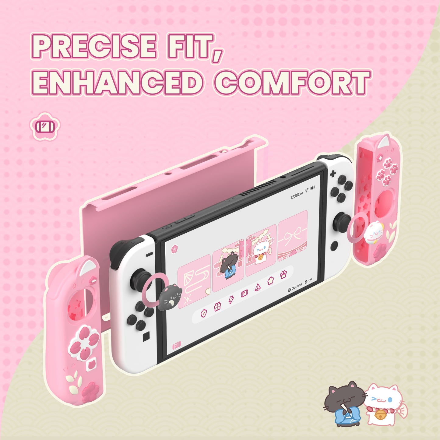 PlayVital Cherry Blossoms Kitten Dockable Hard Shell Protective Case with Thumb Grips & Extra Stand for Nintendo Switch OLED - Pink