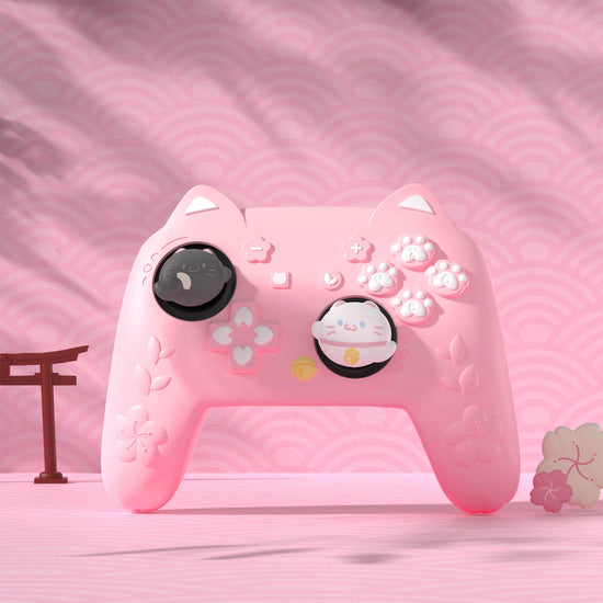 PlayVital Cherry Blossoms Kitten Silicone Case for Nintendo Switch 2 Pro Controller, Cute Protective Skin Case for Switch 2 Pro Controller with Back Button Cap & Thumb Grip & Sticker - Pink PlayVital