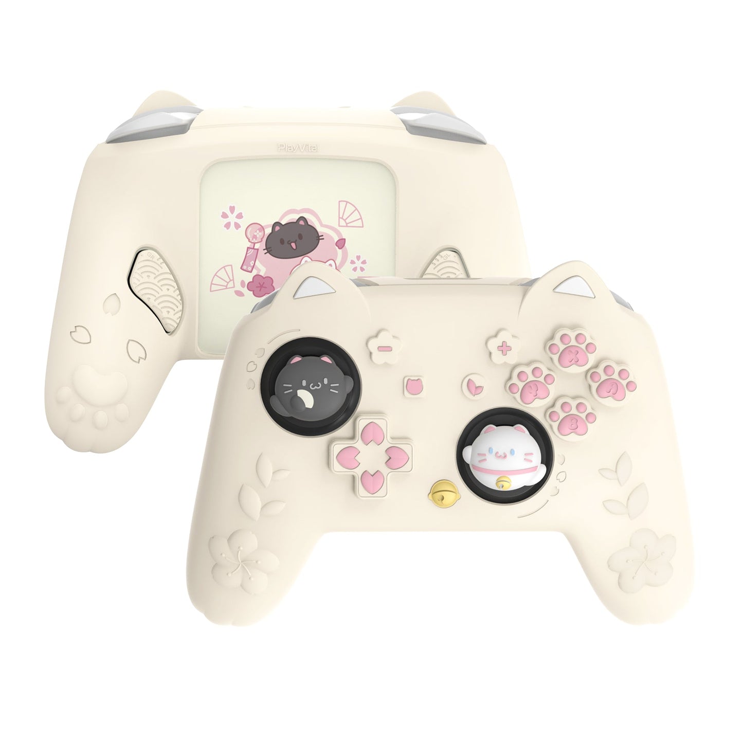 PlayVital Cherry Blossoms Kitten Silicone Case for Nintendo Switch 2 Pro Controller, Cute Protective Skin Case for Switch 2 Pro Controller with Back Button Cap & Thumb Grip & Sticker - Antique Yellow PlayVital