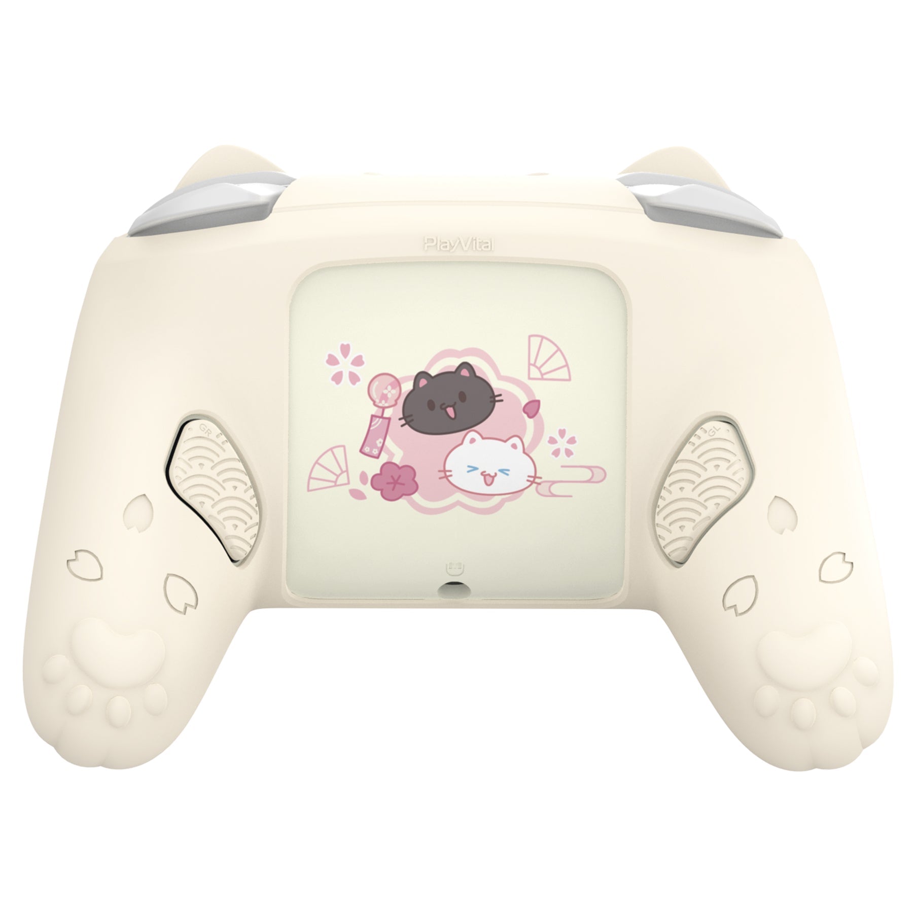 PlayVital Cherry Blossoms Kitten Silicone Case for Nintendo Switch 2 Pro Controller, Cute Protective Skin Case for Switch 2 Pro Controller with Back Button Cap & Thumb Grip & Sticker - Antique Yellow PlayVital