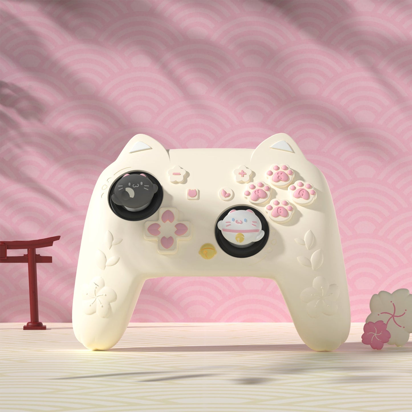 PlayVital Cherry Blossoms Kitten Silicone Case for Nintendo Switch 2 Pro Controller, Cute Protective Skin Case for Switch 2 Pro Controller with Back Button Cap & Thumb Grip & Sticker - Antique Yellow PlayVital