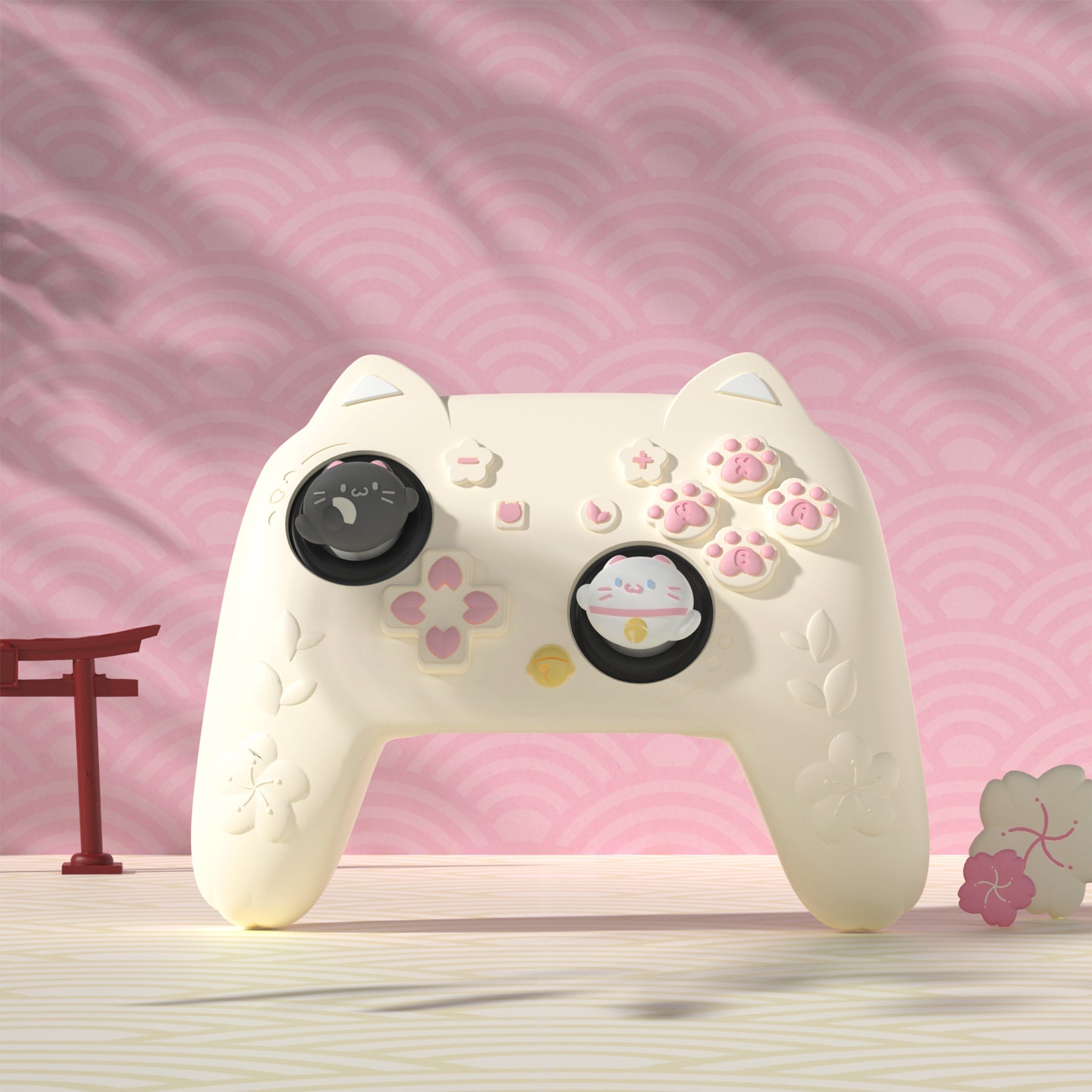 PlayVital Cherry Blossoms Kitten Silicone Case for Nintendo Switch 2 Pro Controller, Cute Protective Skin Case for Switch 2 Pro Controller with Back Button Cap & Thumb Grip & Sticker - Antique Yellow PlayVital