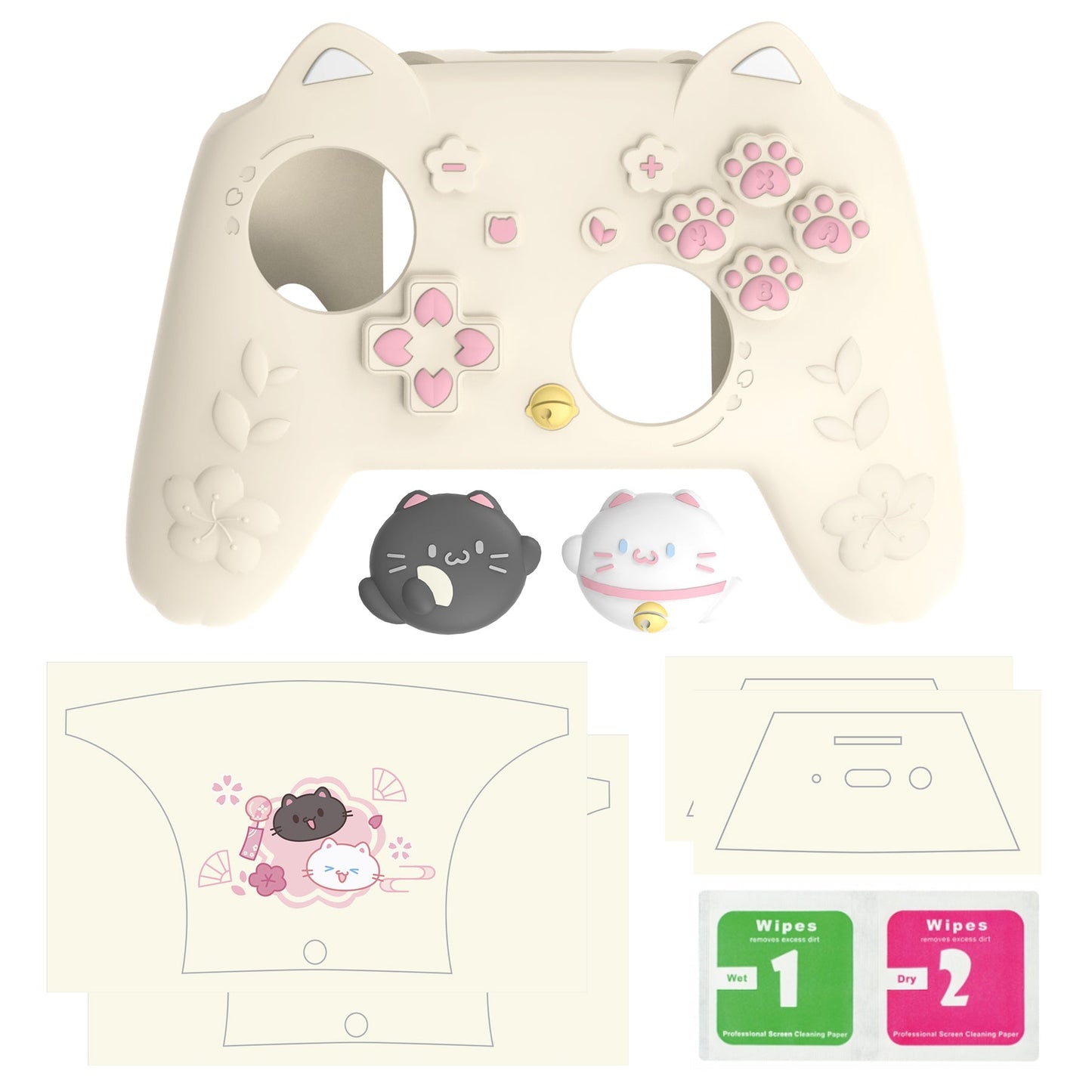 PlayVital Cherry Blossoms Kitten Silicone Case for Nintendo Switch 2 Pro Controller, Cute Protective Skin Case for Switch 2 Pro Controller with Back Button Cap & Thumb Grip & Sticker - Antique Yellow PlayVital