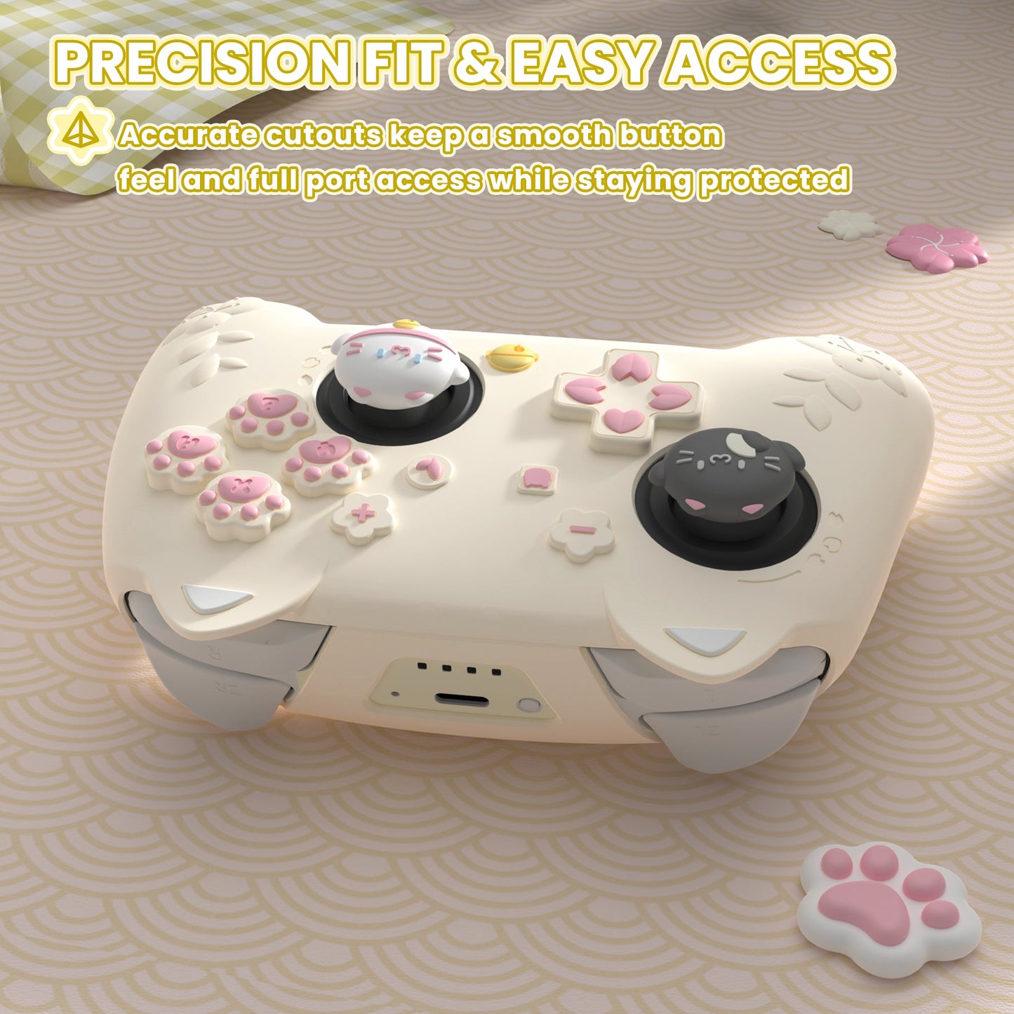 PlayVital Cherry Blossoms Kitten Silicone Case for Nintendo Switch 2 Pro Controller, Cute Protective Skin Case for Switch 2 Pro Controller with Back Button Cap & Thumb Grip & Sticker - Antique Yellow PlayVital
