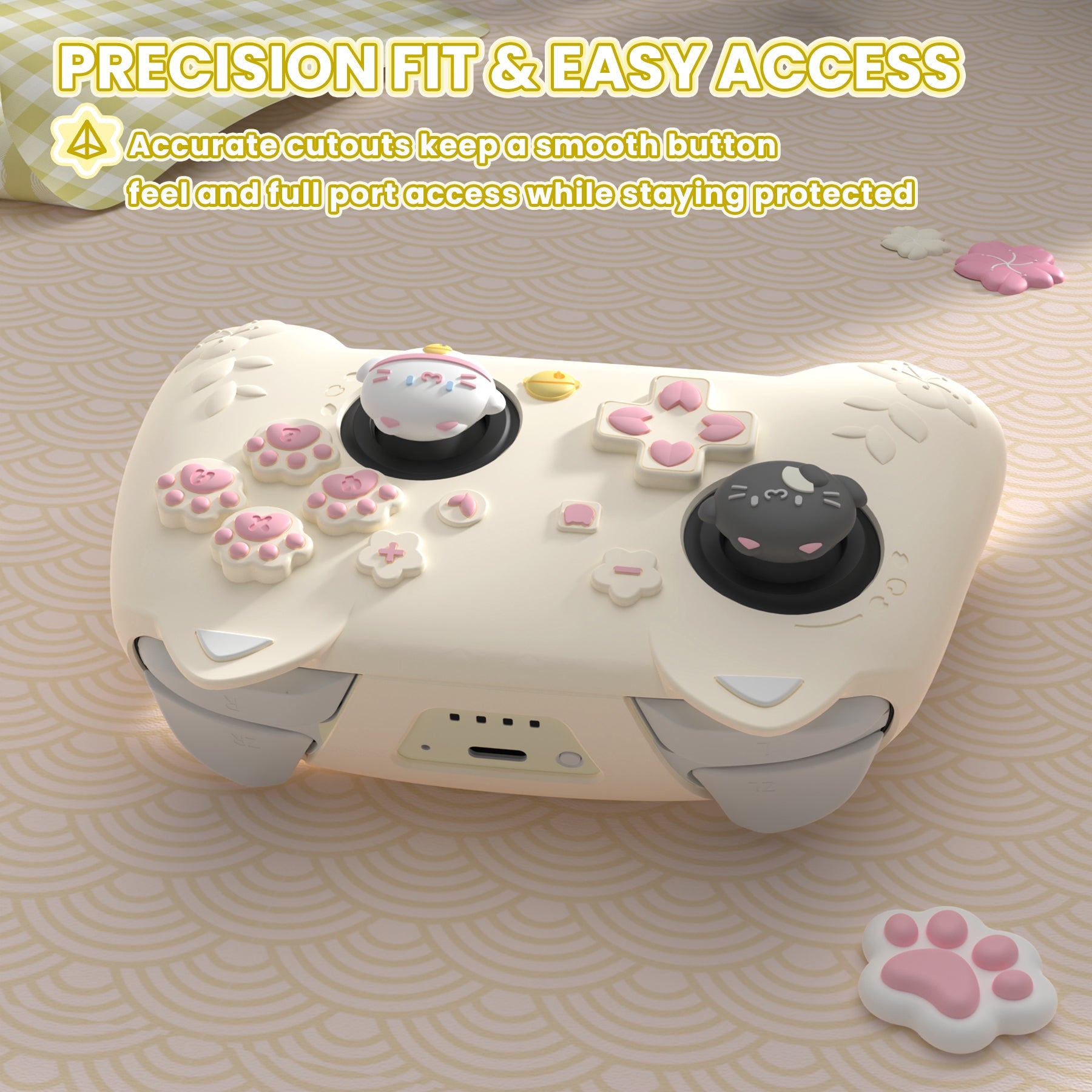 PlayVital Cherry Blossoms Kitten Silicone Case for Nintendo Switch 2 Pro Controller, Cute Protective Skin Case for Switch 2 Pro Controller with Back Button Cap & Thumb Grip & Sticker - Antique Yellow PlayVital