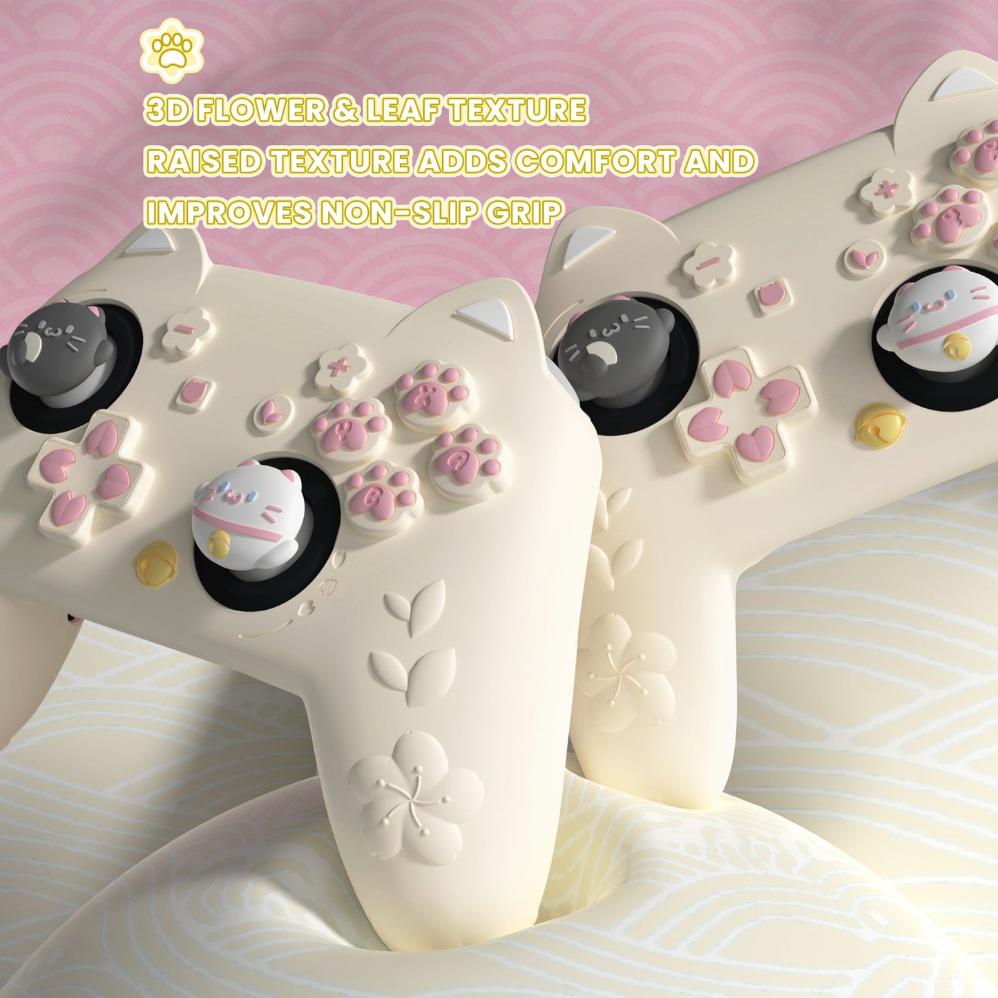 PlayVital Cherry Blossoms Kitten Silicone Case for Nintendo Switch 2 Pro Controller, Cute Protective Skin Case for Switch 2 Pro Controller with Back Button Cap & Thumb Grip & Sticker - Antique Yellow PlayVital