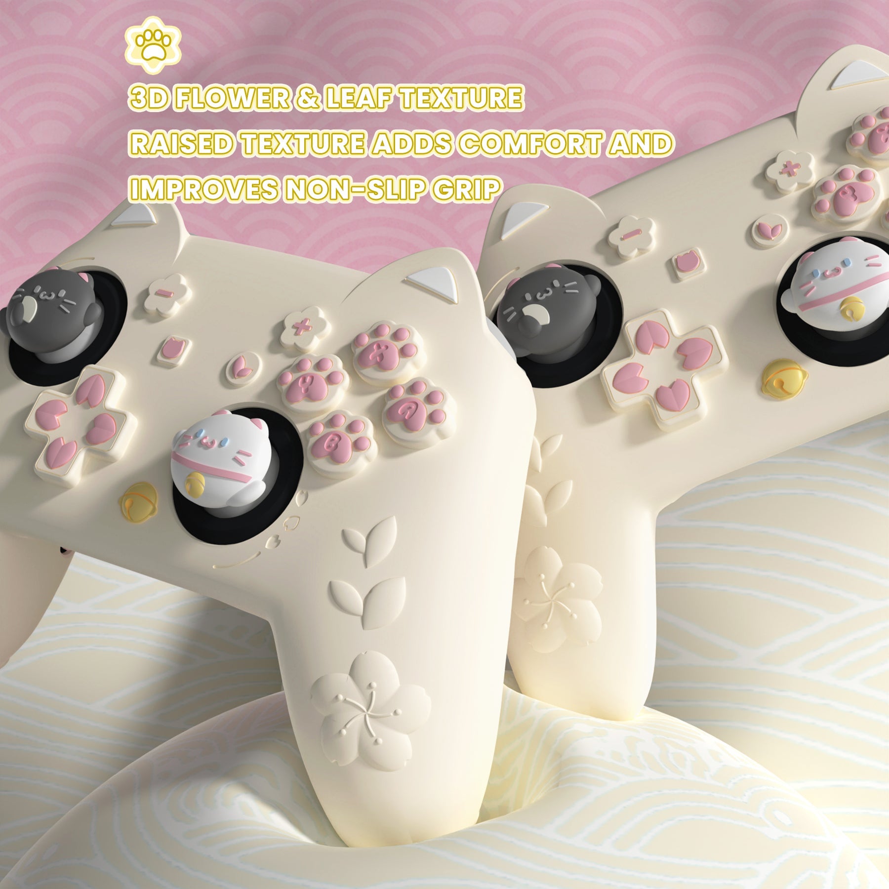 PlayVital Cherry Blossoms Kitten Silicone Case for Nintendo Switch 2 Pro Controller, Cute Protective Skin Case for Switch 2 Pro Controller with Back Button Cap & Thumb Grip & Sticker - Antique Yellow PlayVital