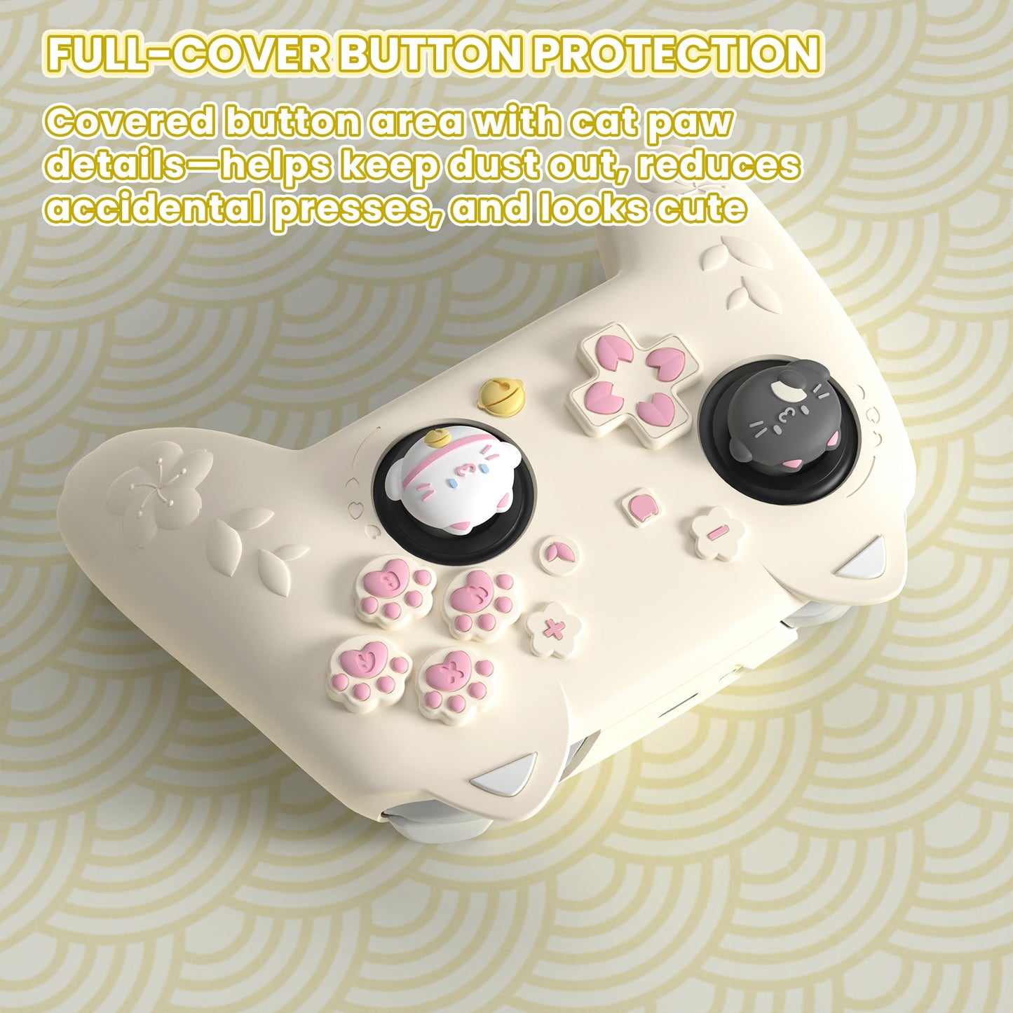 PlayVital Cherry Blossoms Kitten Silicone Case for Nintendo Switch 2 Pro Controller, Cute Protective Skin Case for Switch 2 Pro Controller with Back Button Cap & Thumb Grip & Sticker - Antique Yellow PlayVital