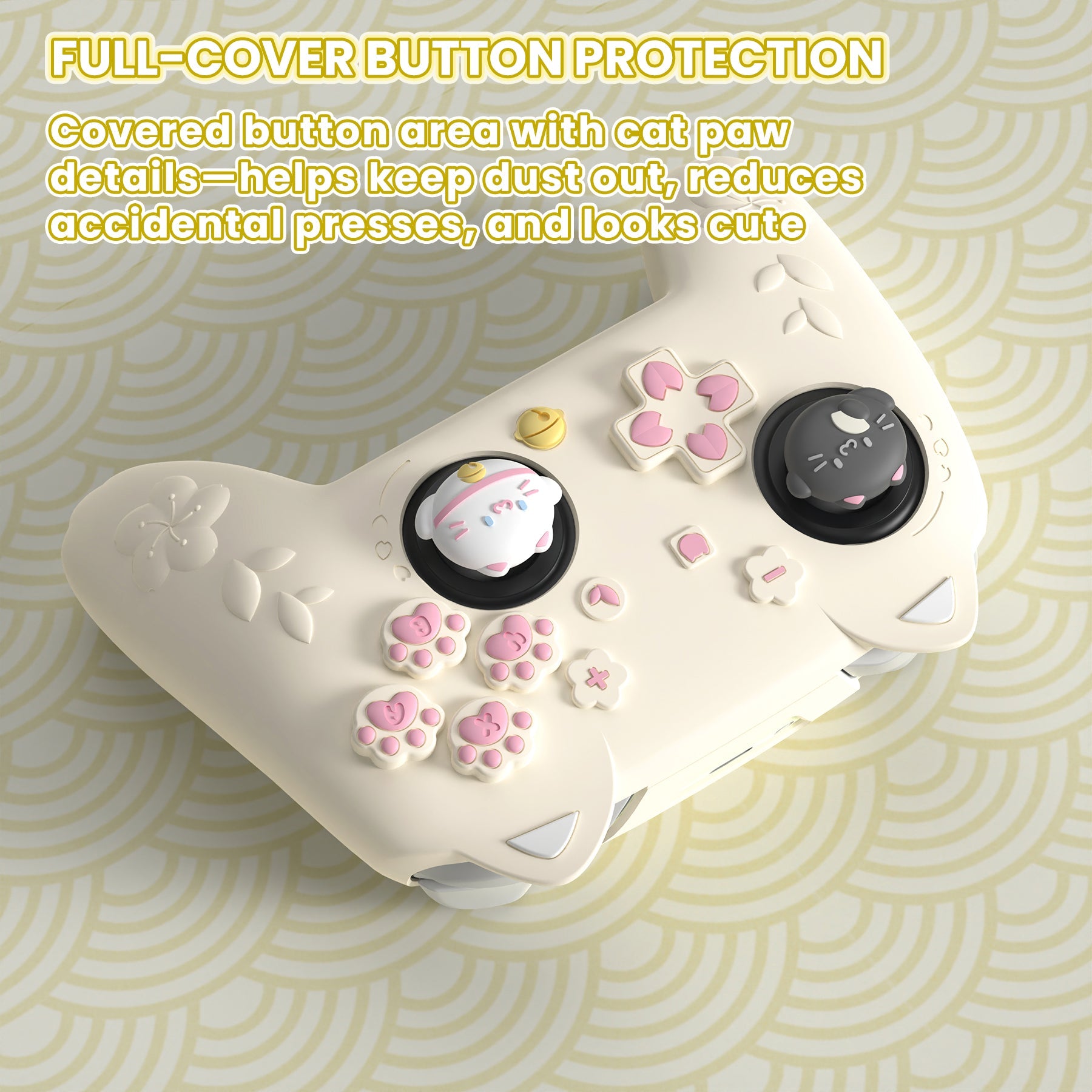 PlayVital Cherry Blossoms Kitten Silicone Case for Nintendo Switch 2 Pro Controller, Cute Protective Skin Case for Switch 2 Pro Controller with Back Button Cap & Thumb Grip & Sticker - Antique Yellow PlayVital
