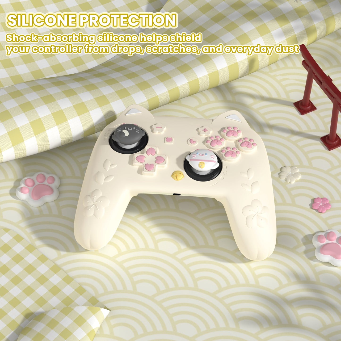 PlayVital Cherry Blossoms Kitten Silicone Case for Nintendo Switch 2 Pro Controller, Cute Protective Skin Case for Switch 2 Pro Controller with Back Button Cap & Thumb Grip & Sticker - Antique Yellow PlayVital