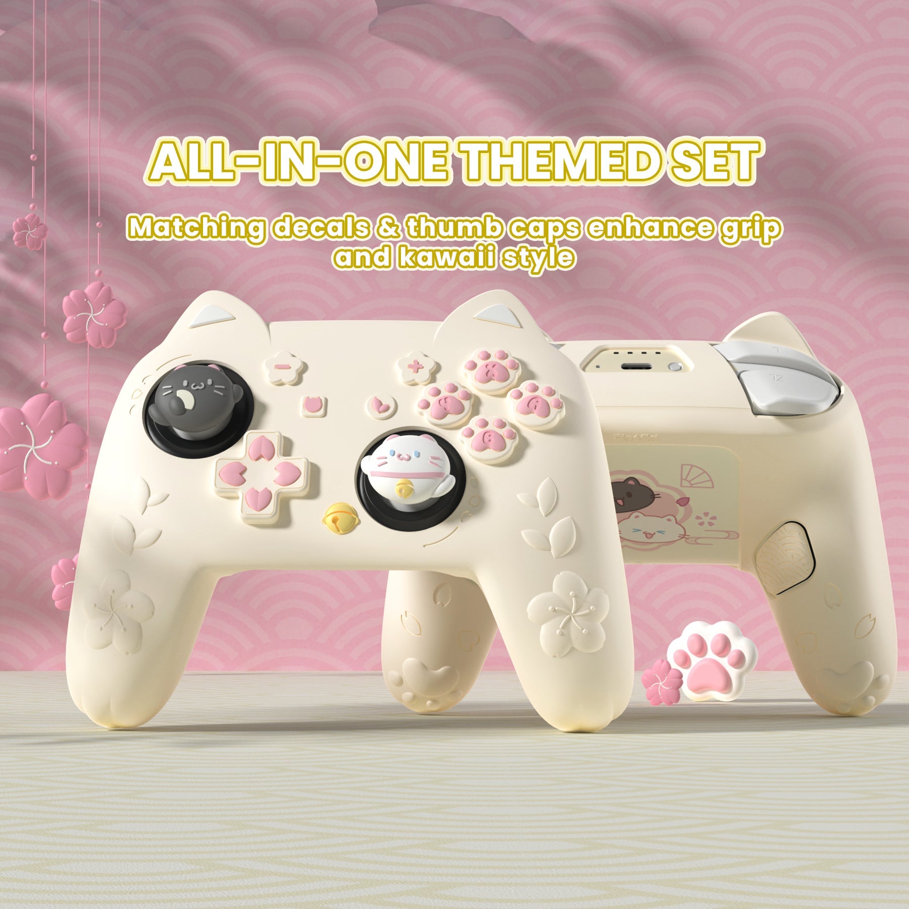 PlayVital Cherry Blossoms Kitten Silicone Case for Nintendo Switch 2 Pro Controller, Cute Protective Skin Case for Switch 2 Pro Controller with Back Button Cap & Thumb Grip & Sticker - Antique Yellow PlayVital