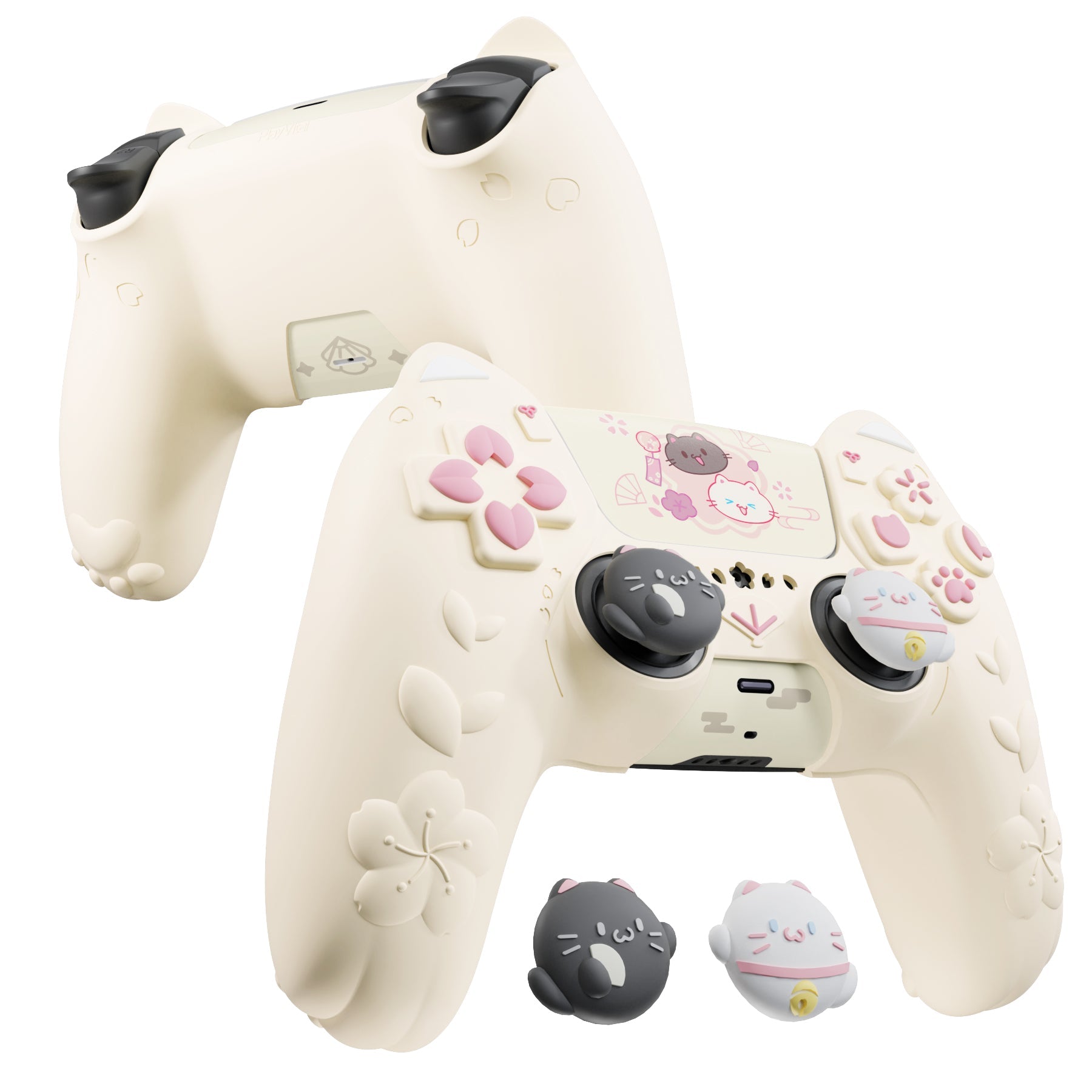 PlayVital Cherry Blossoms Kitten Silicone Cover for PS5 Controller,  Anti-slip Grip Skin with Thumb Grip & Sticker for PS5 Controller Accessories - Antique Yellow PlayVital