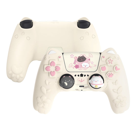PlayVital Cherry Blossoms Kitten Silicone Cover for PS5 Controller,  Anti-slip Grip Skin with Thumb Grip & Sticker for PS5 Controller Accessories - Antique Yellow PlayVital