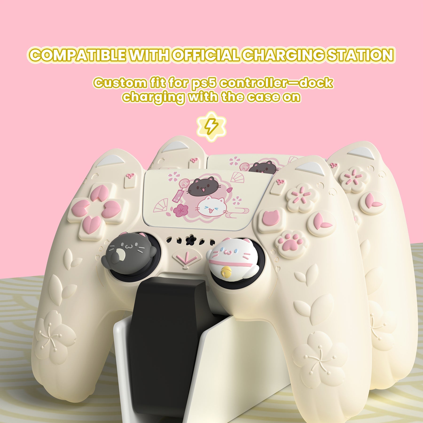 PlayVital Cherry Blossoms Kitten Silicone Cover for PS5 Controller,  Anti-slip Grip Skin with Thumb Grip & Sticker for PS5 Controller Accessories - Antique Yellow PlayVital