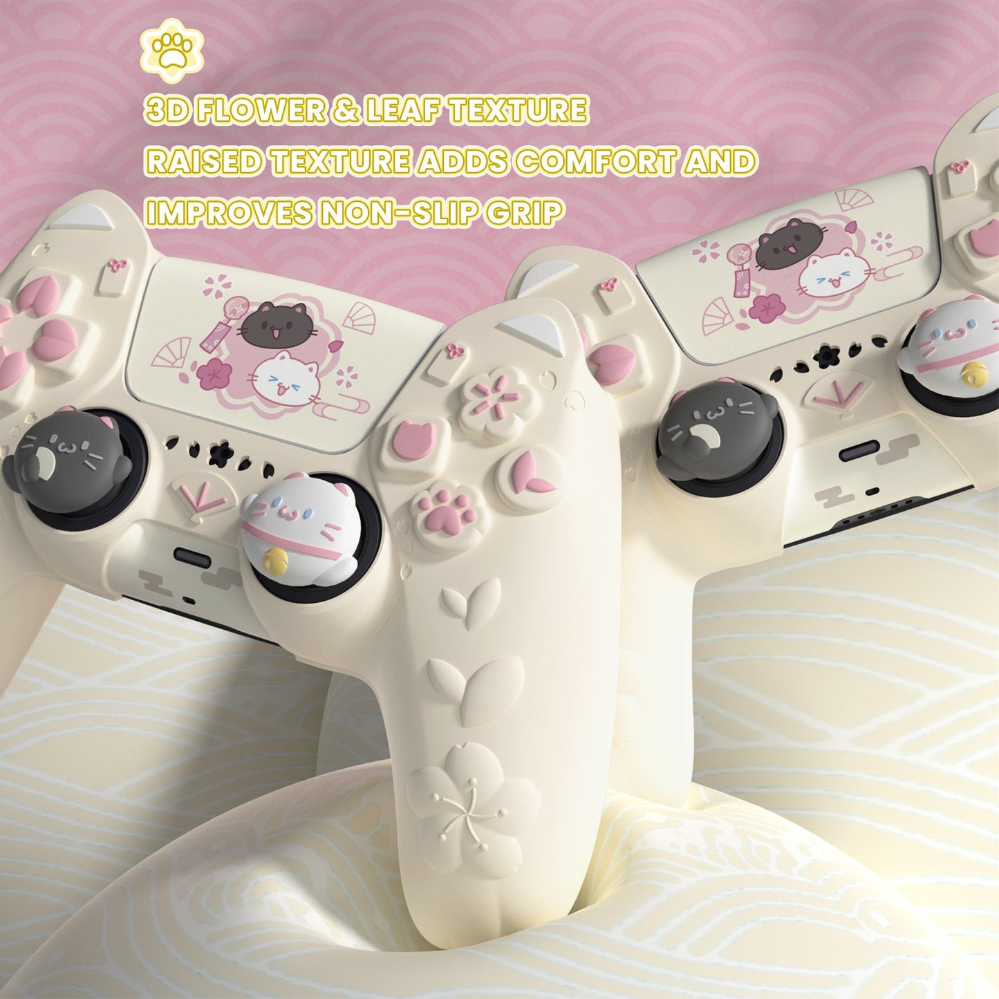 PlayVital Cherry Blossoms Kitten Silicone Cover for PS5 Controller,  Anti-slip Grip Skin with Thumb Grip & Sticker for PS5 Controller Accessories - Antique Yellow PlayVital