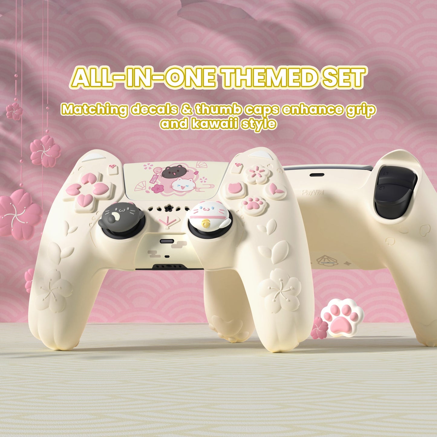 PlayVital Cherry Blossoms Kitten Silicone Cover for PS5 Controller,  Anti-slip Grip Skin with Thumb Grip & Sticker for PS5 Controller Accessories - Antique Yellow PlayVital