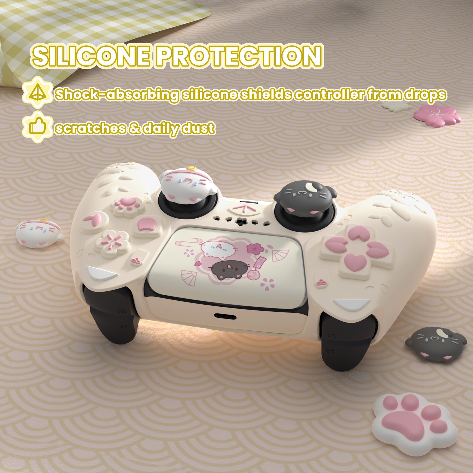 PlayVital Cherry Blossoms Kitten Silicone Cover for PS5 Controller,  Anti-slip Grip Skin with Thumb Grip & Sticker for PS5 Controller Accessories - Antique Yellow PlayVital