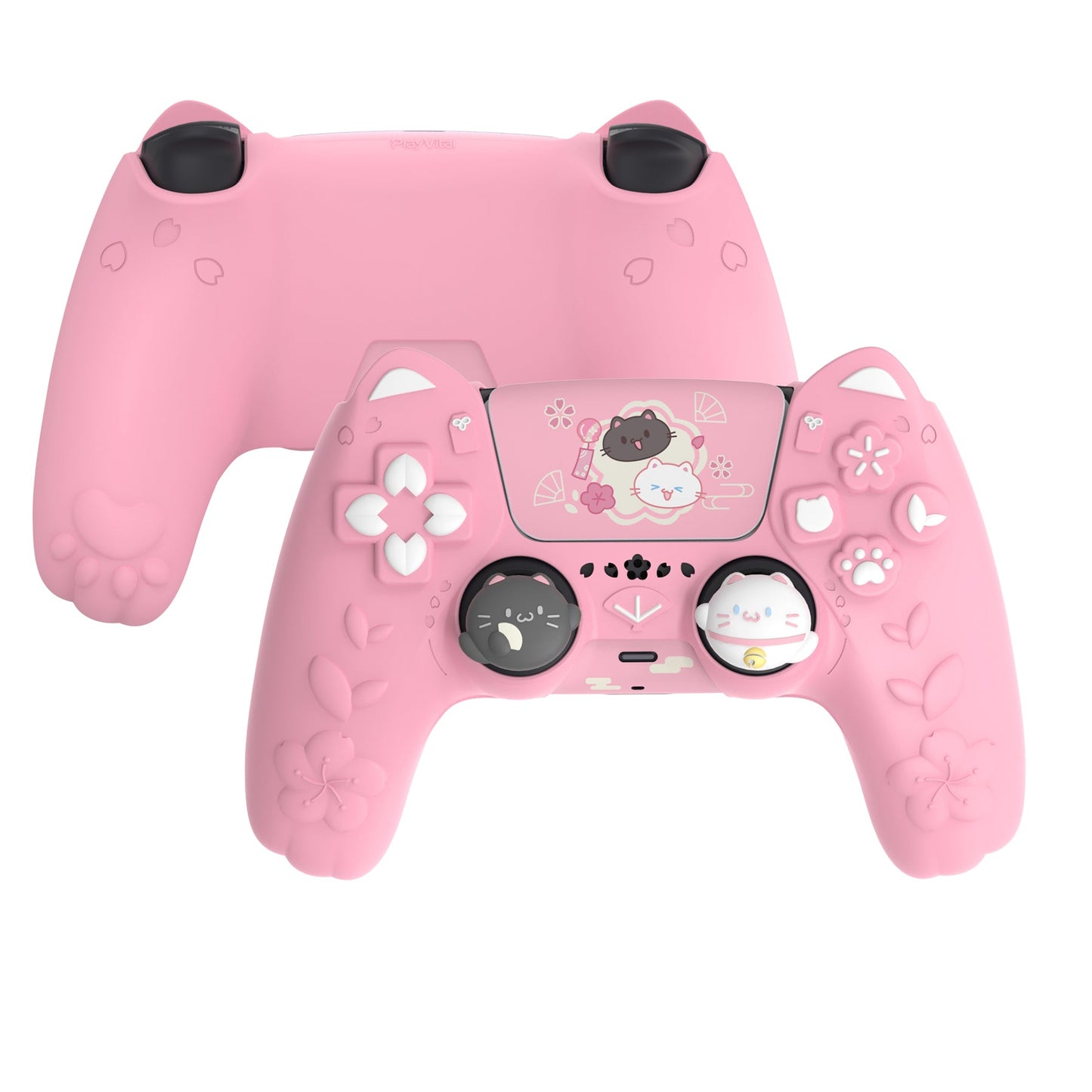 PlayVital Cherry Blossoms Kitten Silicone Cover for PS5 Controller,  Anti-slip Grip Skin with Thumb Grip & Sticker for PS5 Controller Accessories - Pink PlayVital