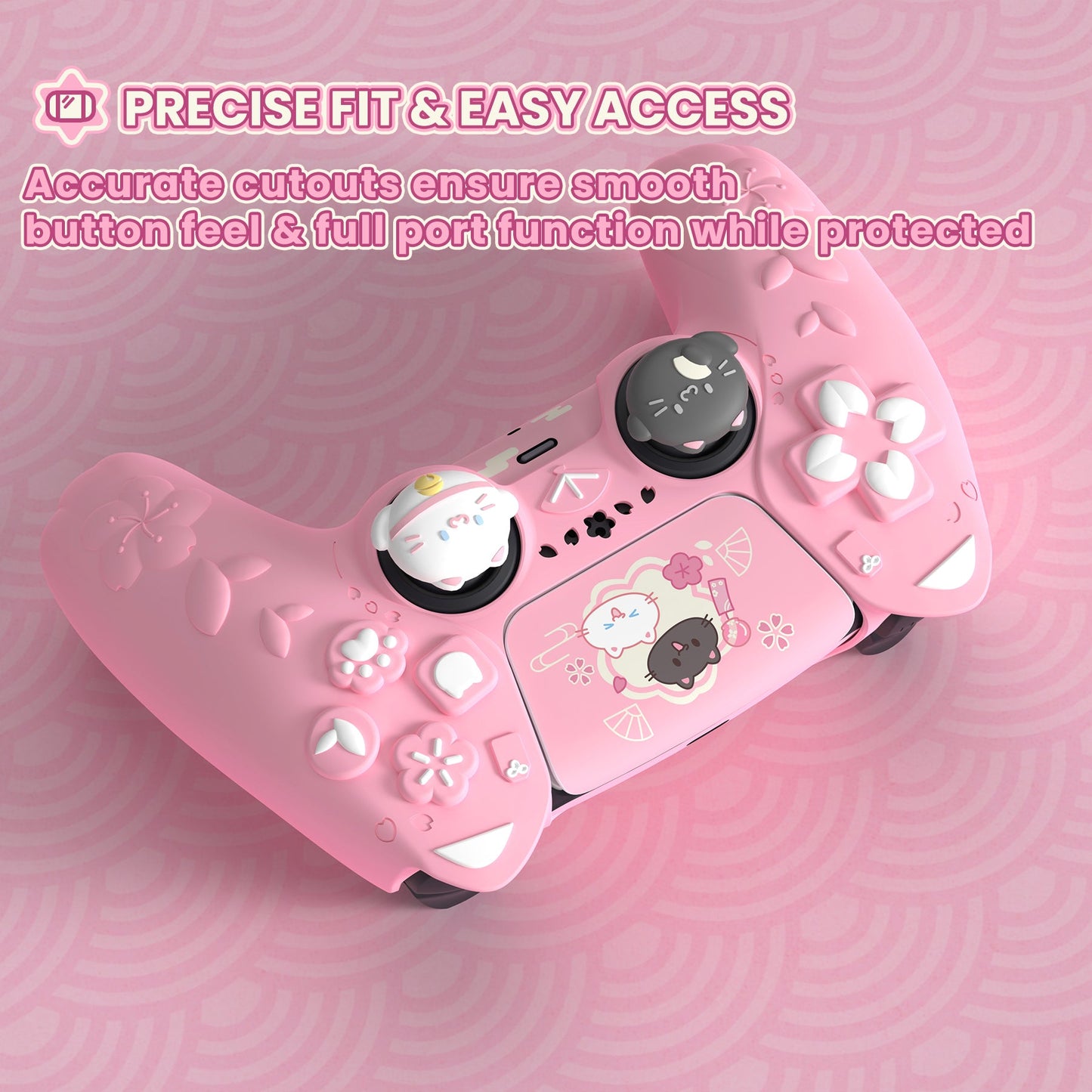 PlayVital Cherry Blossoms Kitten Silicone Cover for PS5 Controller,  Anti-slip Grip Skin with Thumb Grip & Sticker for PS5 Controller Accessories - Pink PlayVital
