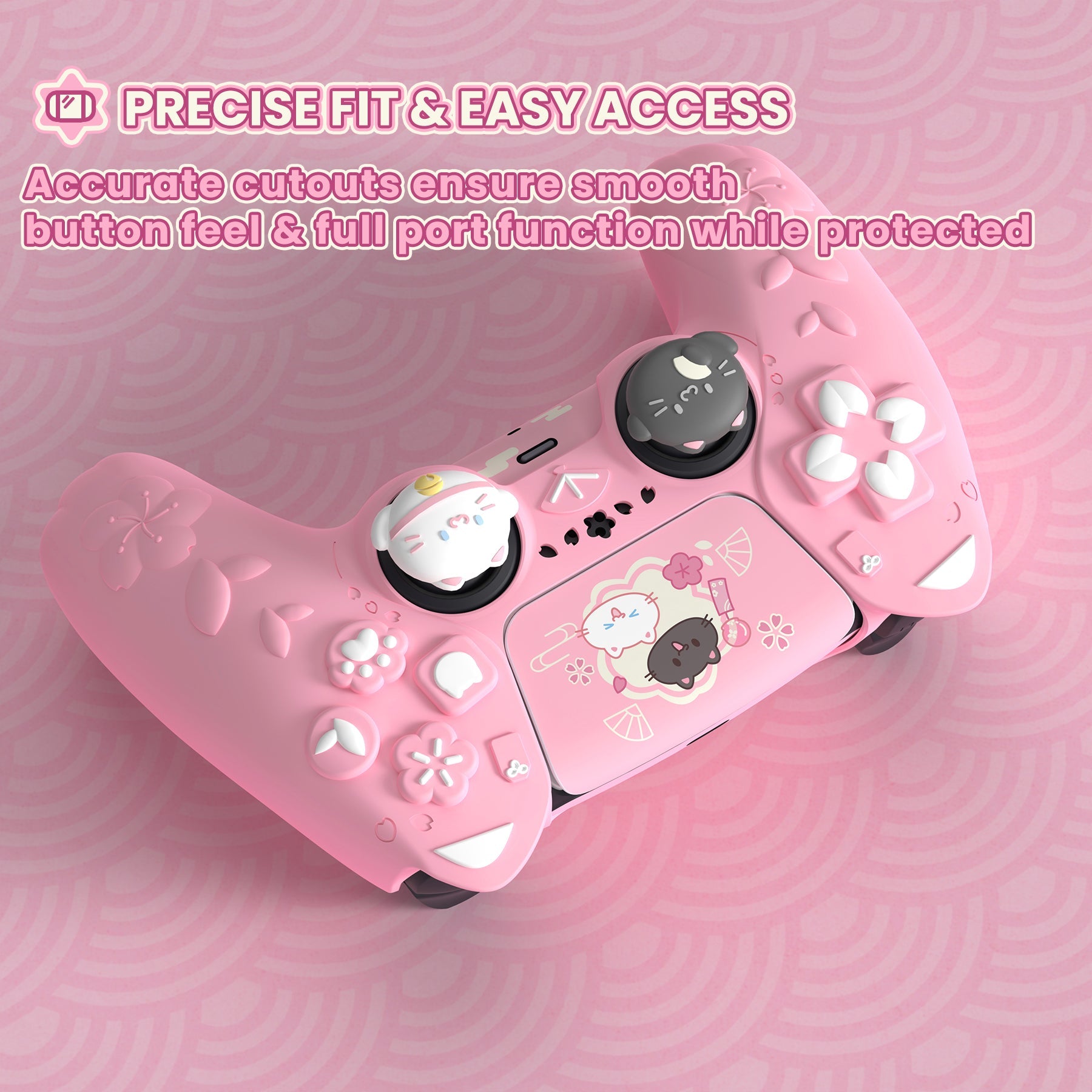 PlayVital Cherry Blossoms Kitten Silicone Cover for PS5 Controller,  Anti-slip Grip Skin with Thumb Grip & Sticker for PS5 Controller Accessories - Pink PlayVital