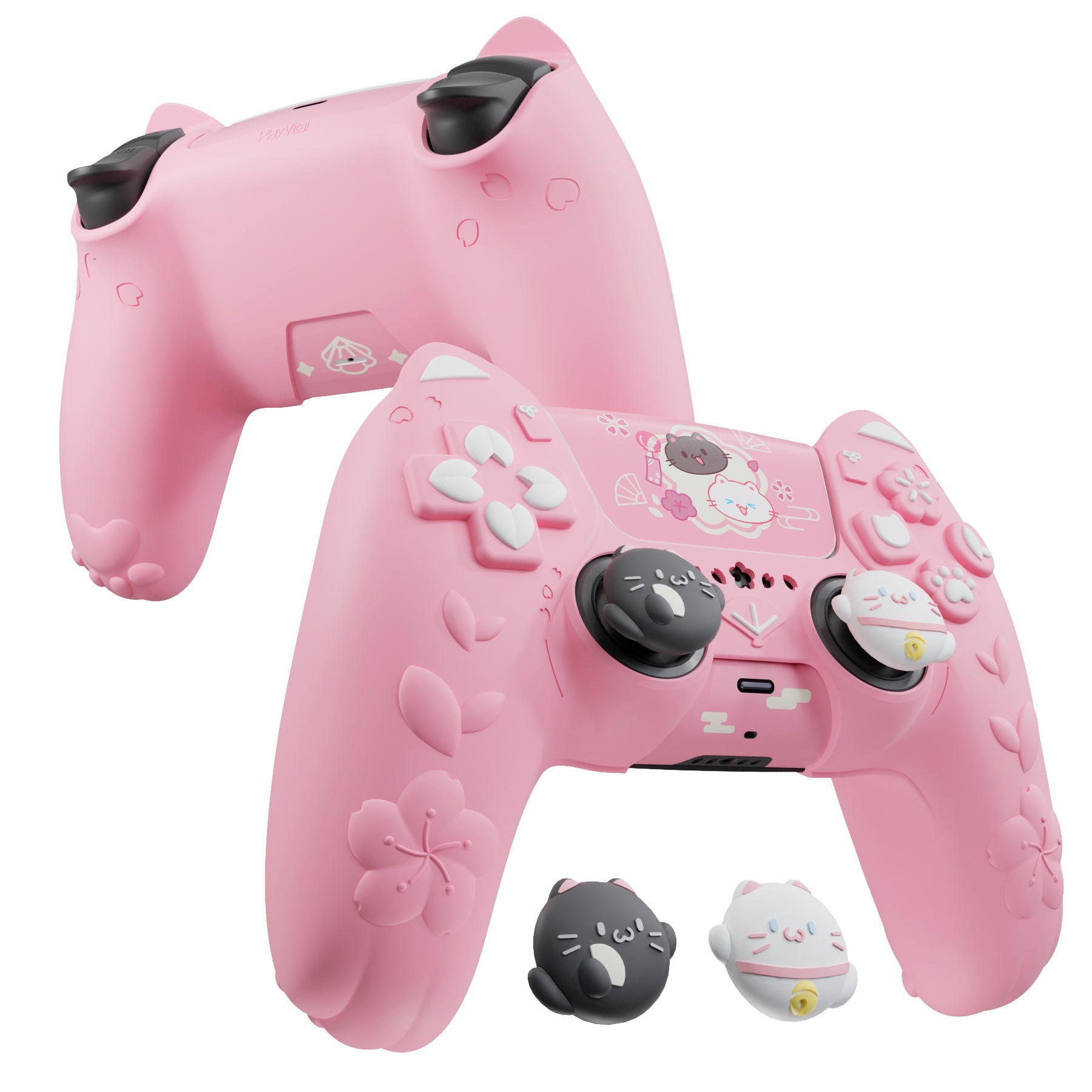 PlayVital Cherry Blossoms Kitten Silicone Cover for PS5 Controller,  Anti-slip Grip Skin with Thumb Grip & Sticker for PS5 Controller Accessories - Pink PlayVital