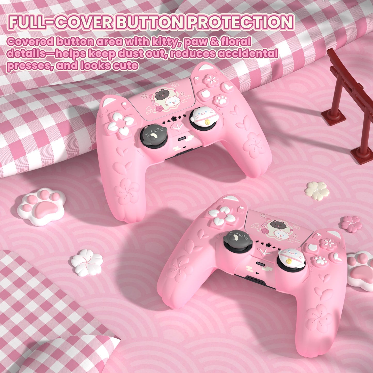 PlayVital Cherry Blossoms Kitten Silicone Cover for PS5 Controller,  Anti-slip Grip Skin with Thumb Grip & Sticker for PS5 Controller Accessories - Pink PlayVital
