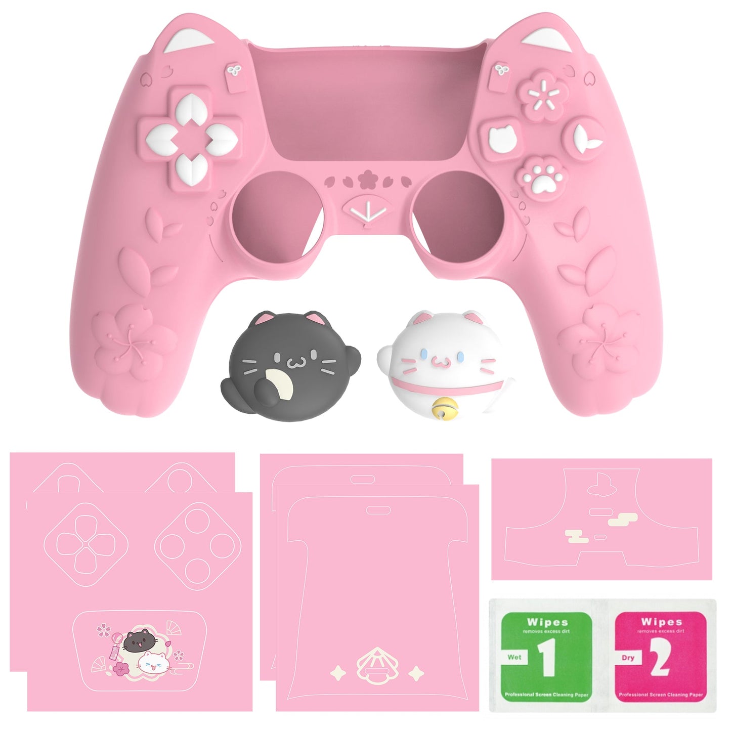 PlayVital Cherry Blossoms Kitten Silicone Cover for PS5 Controller,  Anti-slip Grip Skin with Thumb Grip & Sticker for PS5 Controller Accessories - Pink PlayVital