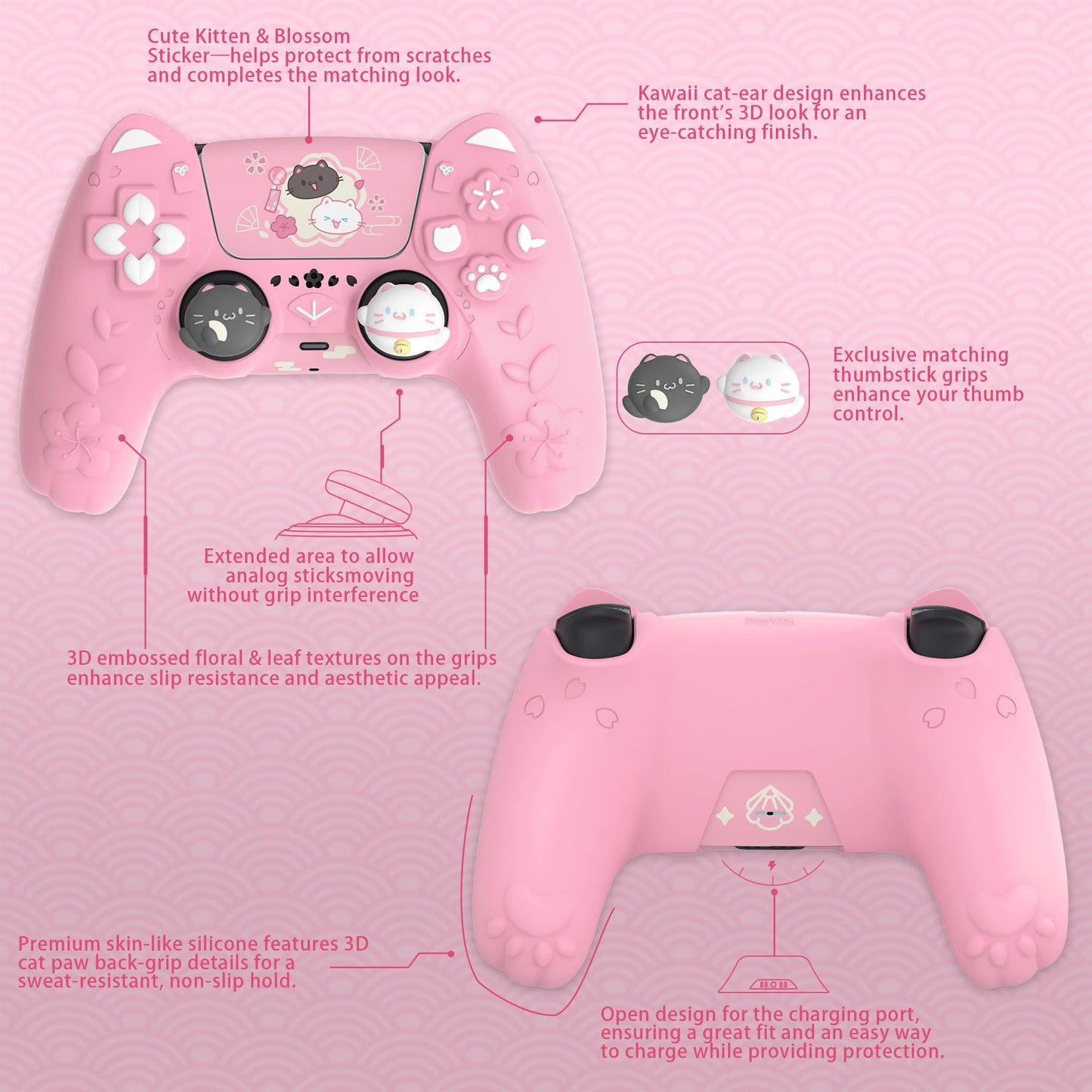 PlayVital Cherry Blossoms Kitten Silicone Cover for PS5 Controller,  Anti-slip Grip Skin with Thumb Grip & Sticker for PS5 Controller Accessories - Pink PlayVital