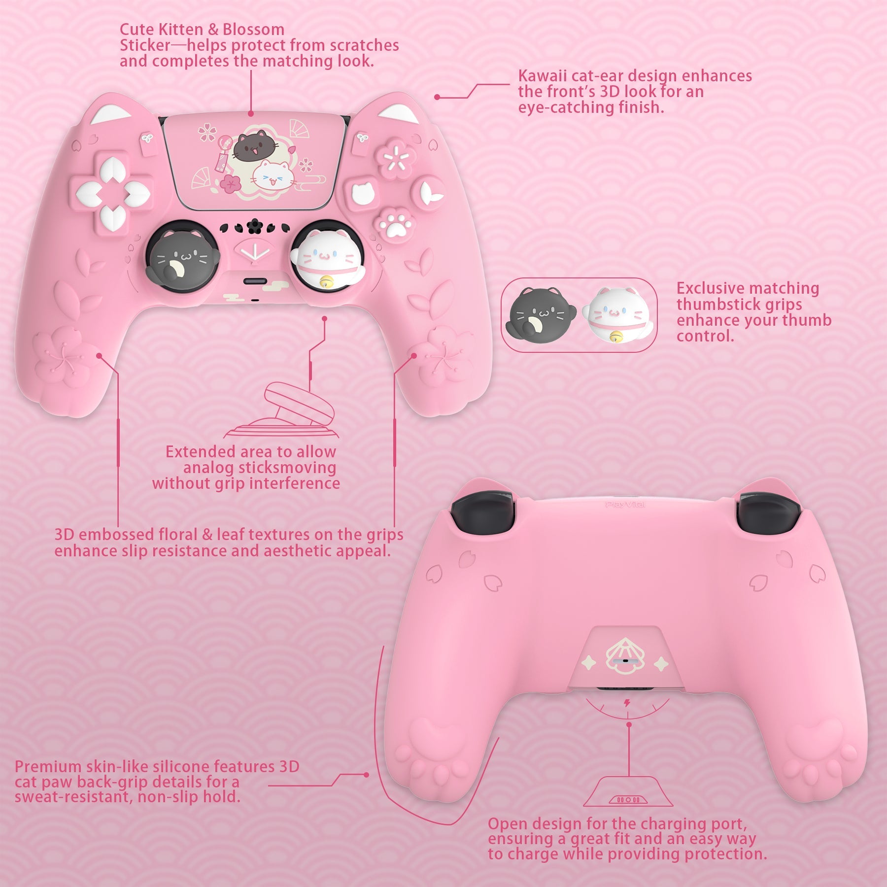 PlayVital Cherry Blossoms Kitten Silicone Cover for PS5 Controller,  Anti-slip Grip Skin with Thumb Grip & Sticker for PS5 Controller Accessories - Pink PlayVital