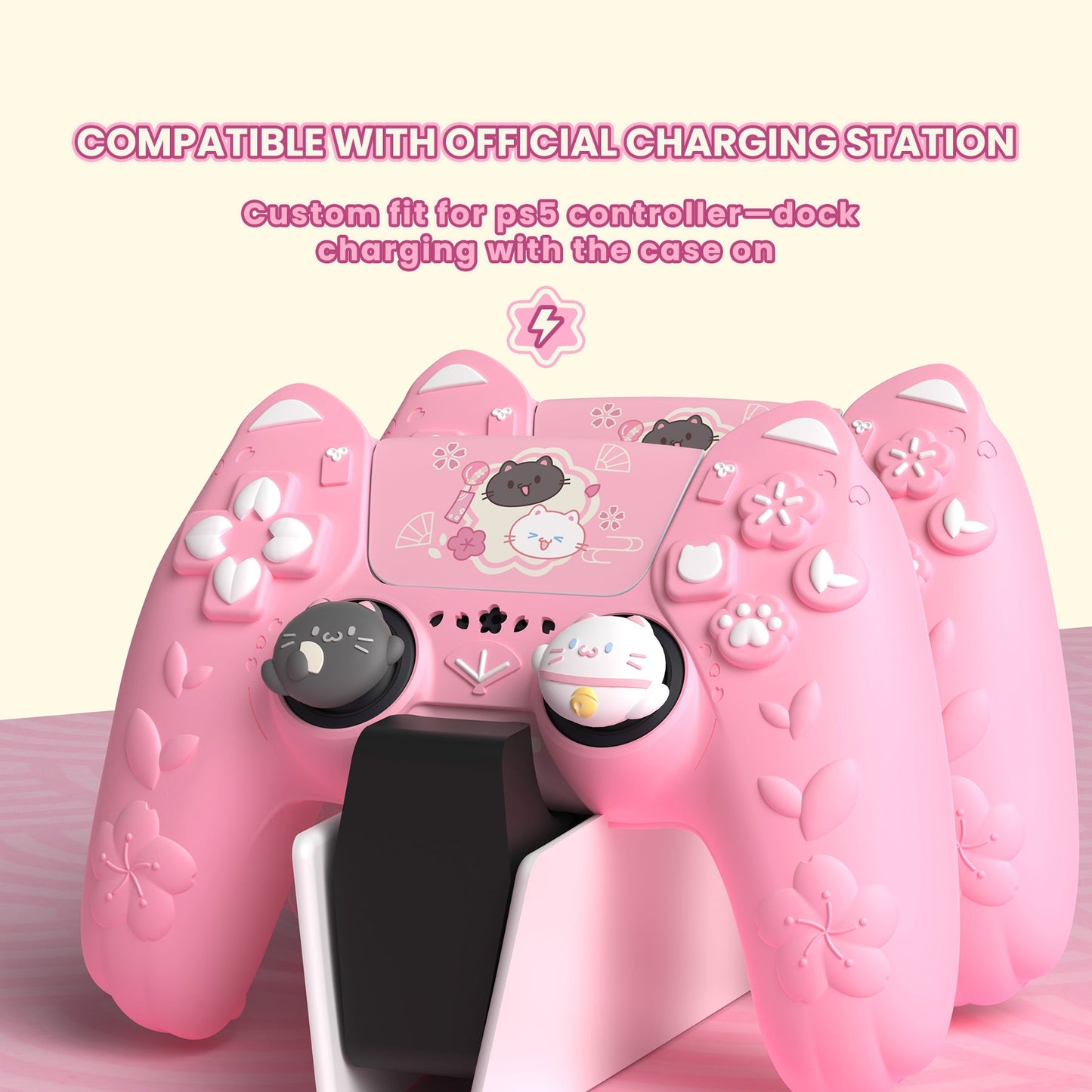 PlayVital Cherry Blossoms Kitten Silicone Cover for PS5 Controller,  Anti-slip Grip Skin with Thumb Grip & Sticker for PS5 Controller Accessories - Pink PlayVital