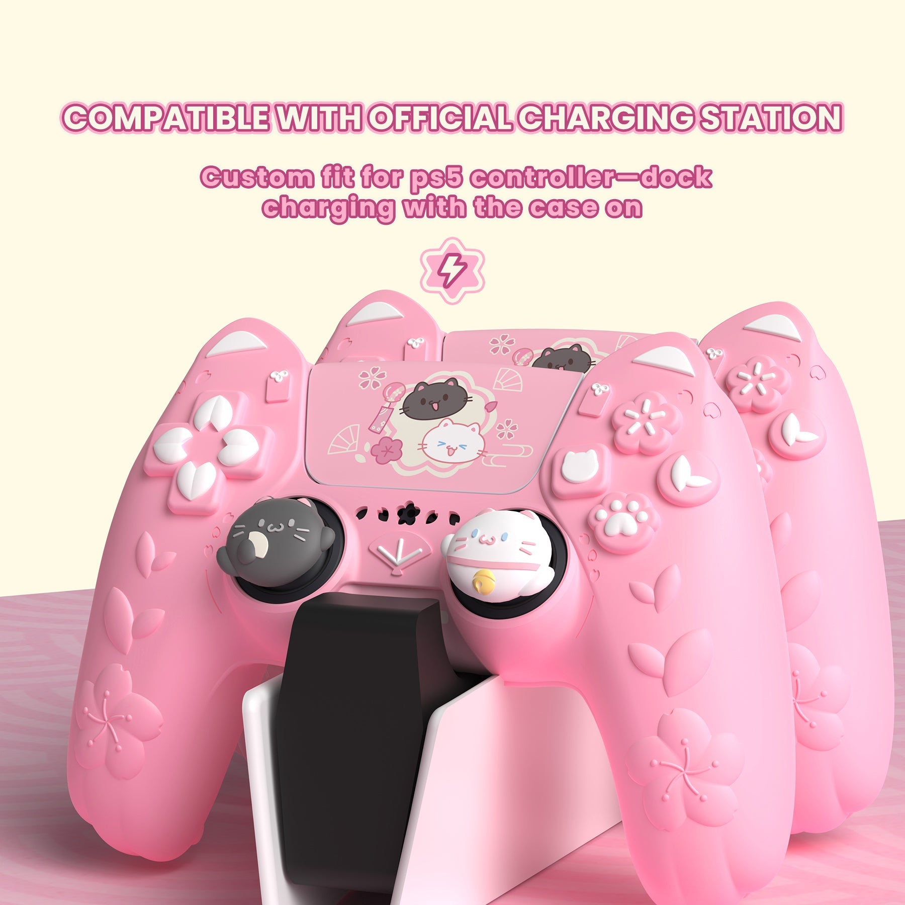 PlayVital Cherry Blossoms Kitten Silicone Cover for PS5 Controller,  Anti-slip Grip Skin with Thumb Grip & Sticker for PS5 Controller Accessories - Pink PlayVital