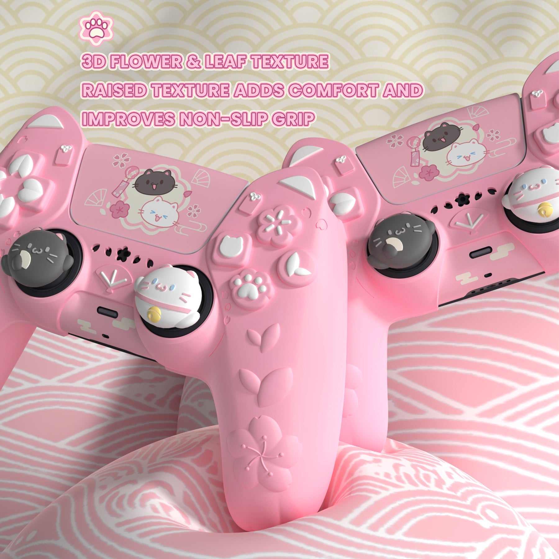 PlayVital Cherry Blossoms Kitten Silicone Cover for PS5 Controller,  Anti-slip Grip Skin with Thumb Grip & Sticker for PS5 Controller Accessories - Pink PlayVital