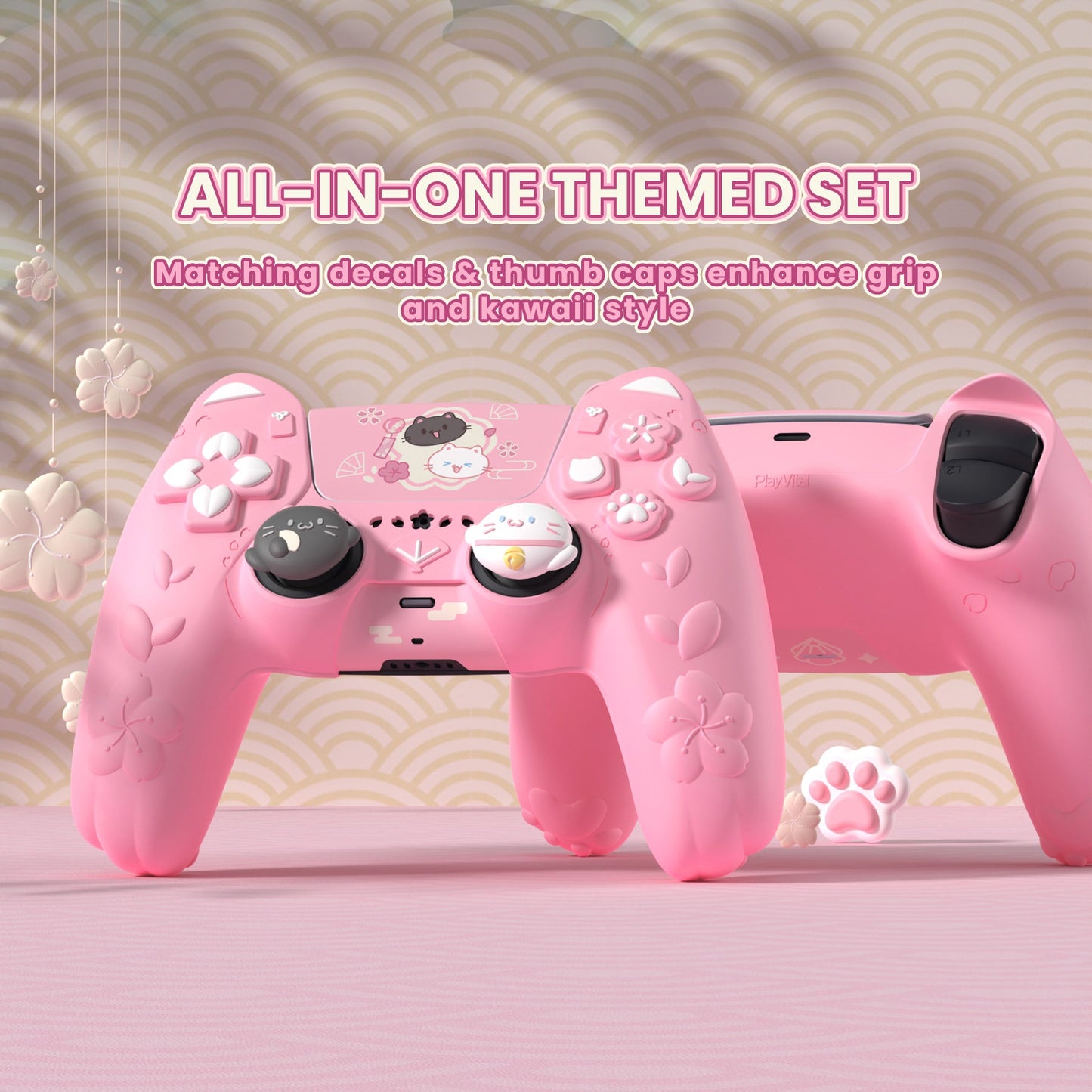 PlayVital Cherry Blossoms Kitten Silicone Cover for PS5 Controller,  Anti-slip Grip Skin with Thumb Grip & Sticker for PS5 Controller Accessories - Pink PlayVital