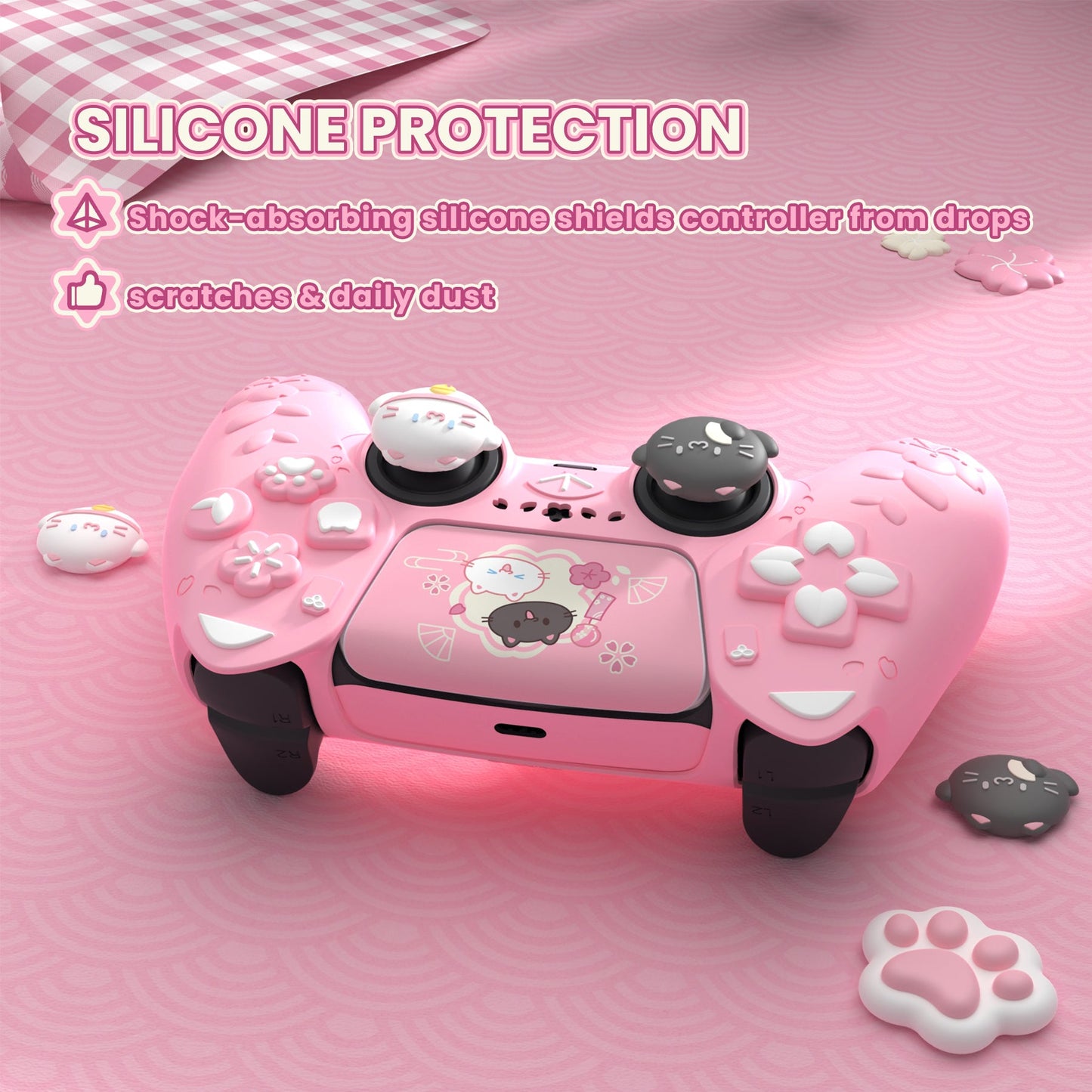 PlayVital Cherry Blossoms Kitten Silicone Cover for PS5 Controller,  Anti-slip Grip Skin with Thumb Grip & Sticker for PS5 Controller Accessories - Pink PlayVital