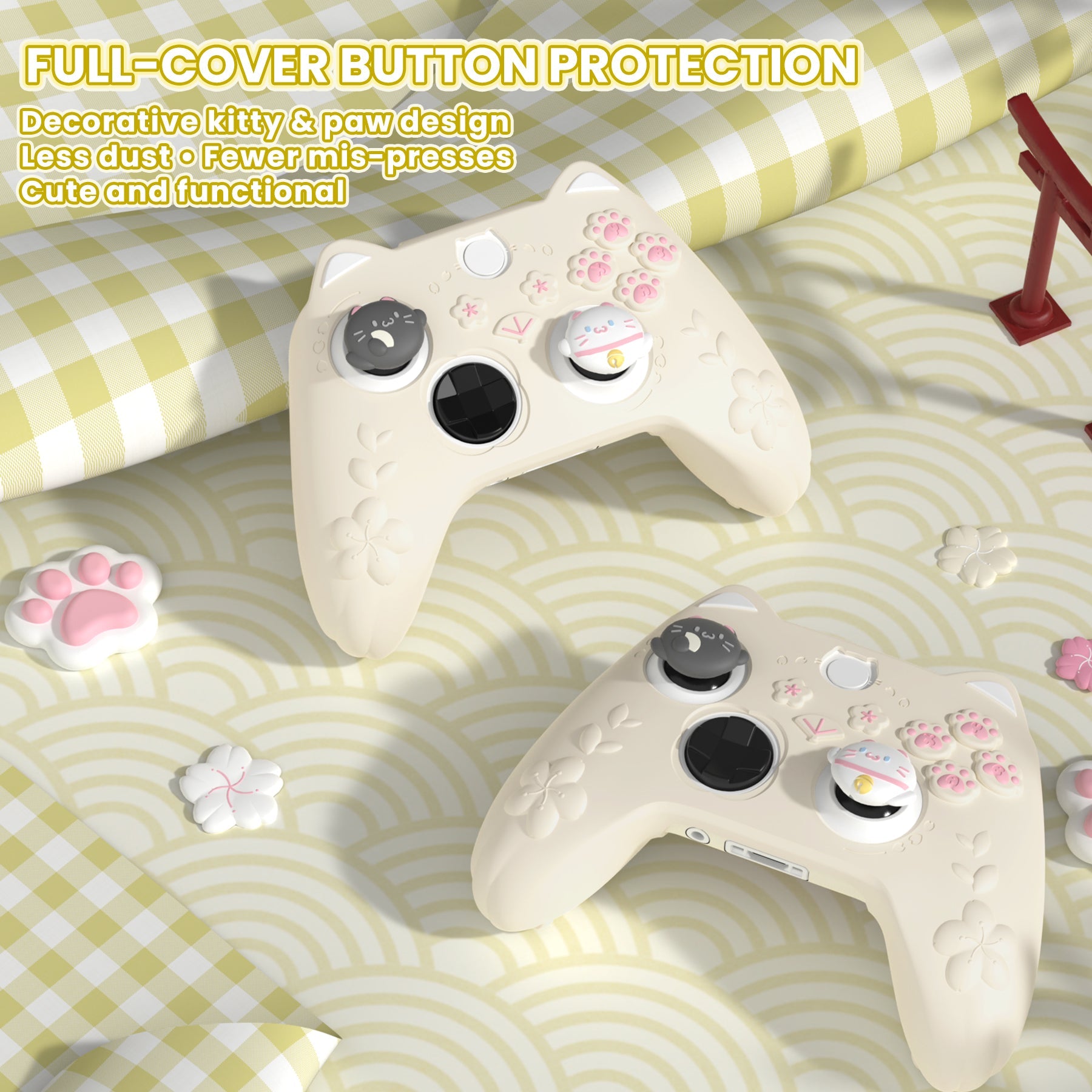 PlayVital Cherry Blossoms Kitten Silicone Cover for Xbox Series X/S Controller, Anti-slip Grip Protector for Xbox Core Wireless Controller with Thumb Grips & Sticker - Antique Yellow PlayVital
