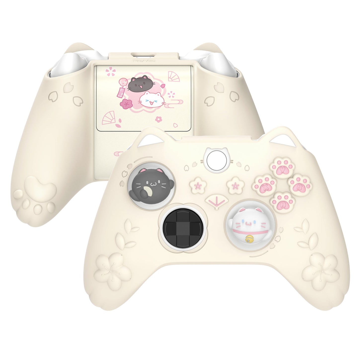 PlayVital Cherry Blossoms Kitten Silicone Cover for Xbox Series X/S Controller, Anti-slip Grip Protector for Xbox Core Wireless Controller with Thumb Grips & Sticker - Antique Yellow PlayVital
