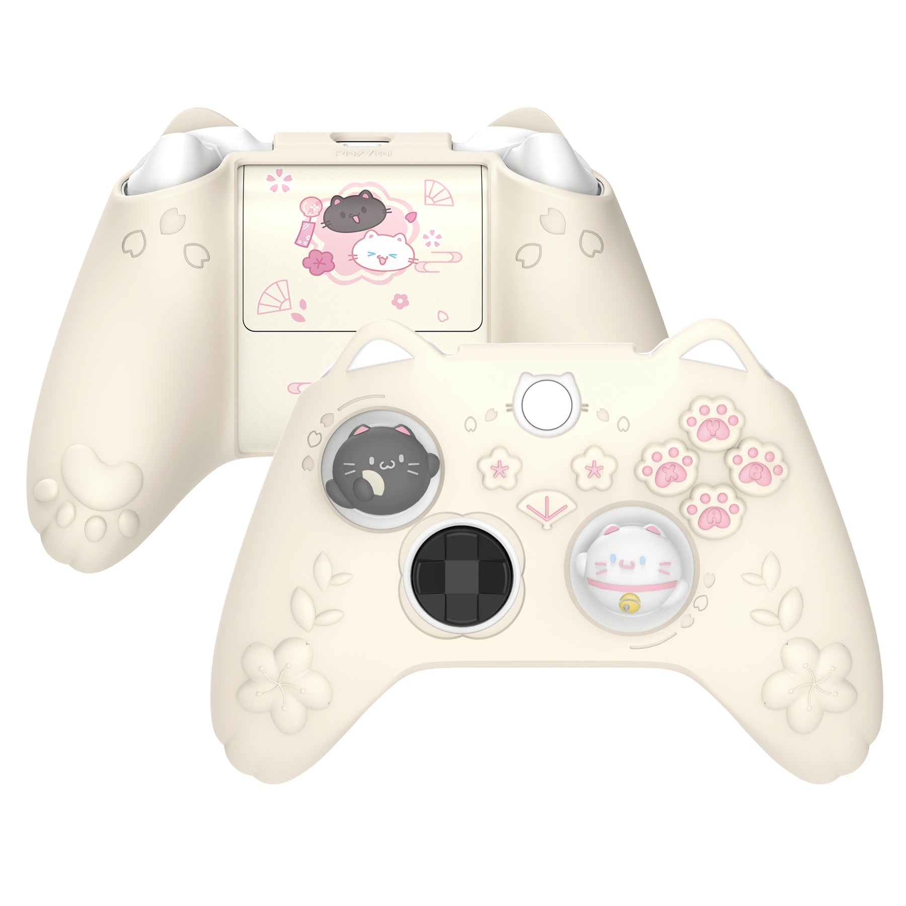 PlayVital Cherry Blossoms Kitten Silicone Cover for Xbox Series X/S Controller, Anti-slip Grip Protector for Xbox Core Wireless Controller with Thumb Grips & Sticker - Antique Yellow PlayVital
