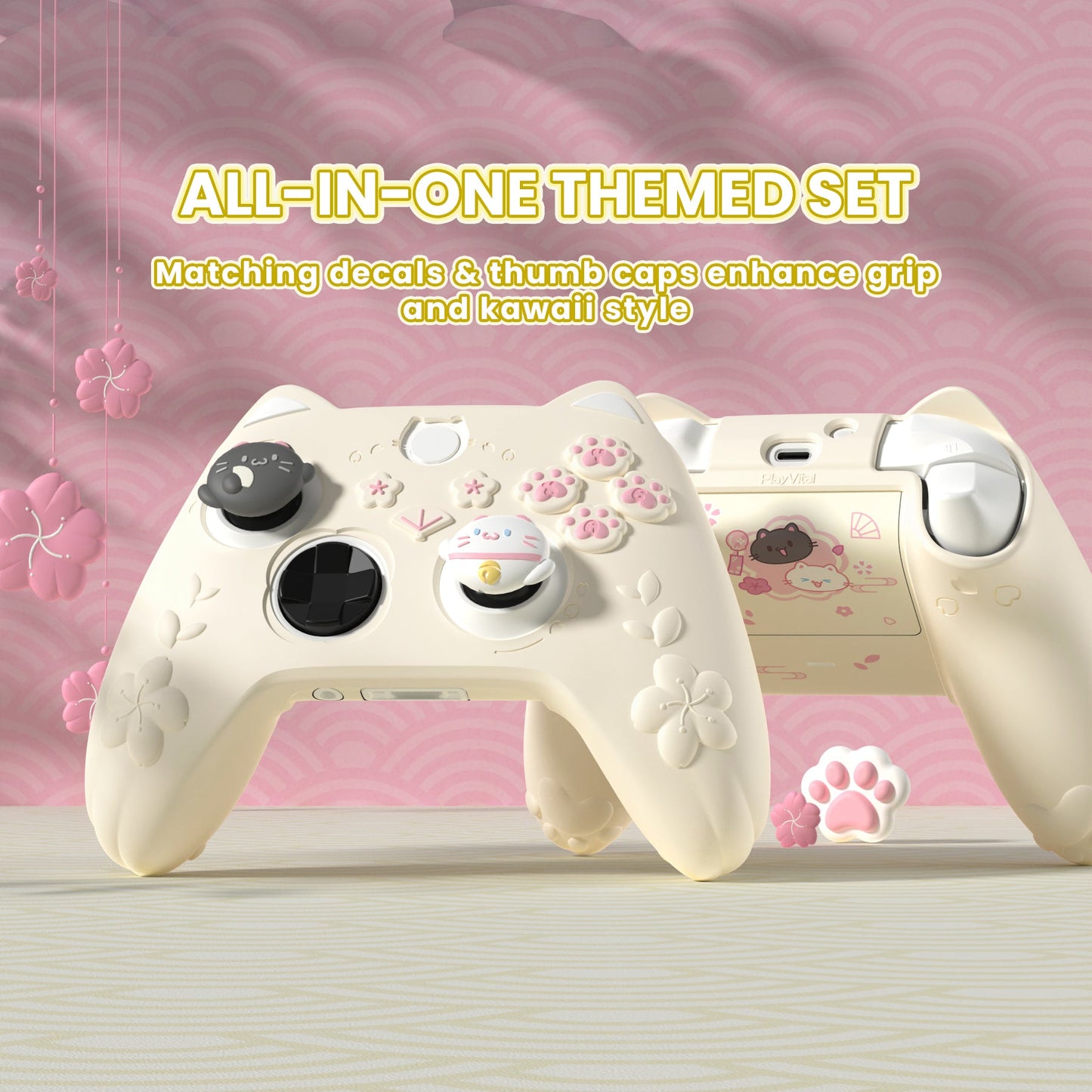 PlayVital Cherry Blossoms Kitten Silicone Cover for Xbox Series X/S Controller, Anti-slip Grip Protector for Xbox Core Wireless Controller with Thumb Grips & Sticker - Antique Yellow PlayVital