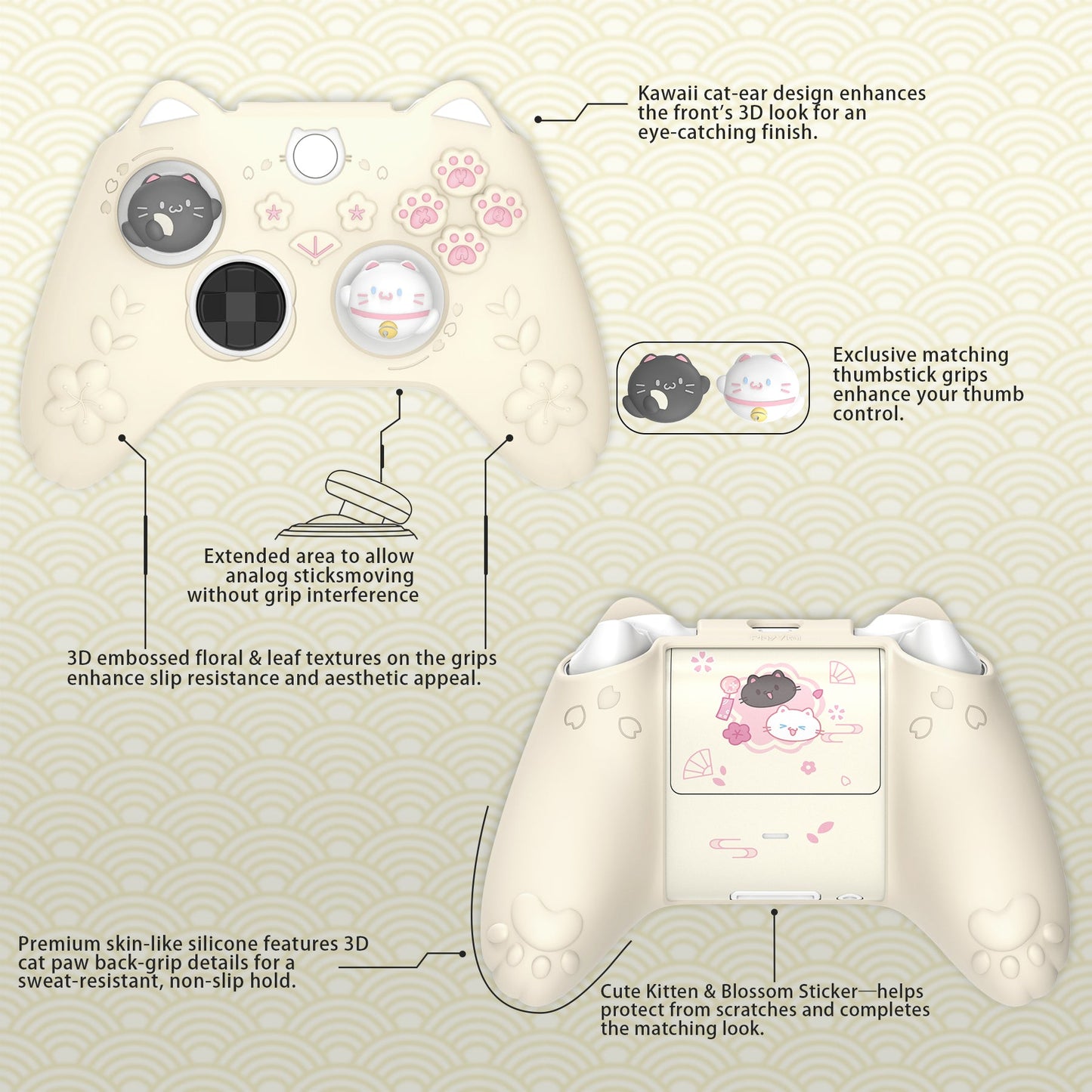 PlayVital Cherry Blossoms Kitten Silicone Cover for Xbox Series X/S Controller, Anti-slip Grip Protector for Xbox Core Wireless Controller with Thumb Grips & Sticker - Antique Yellow PlayVital
