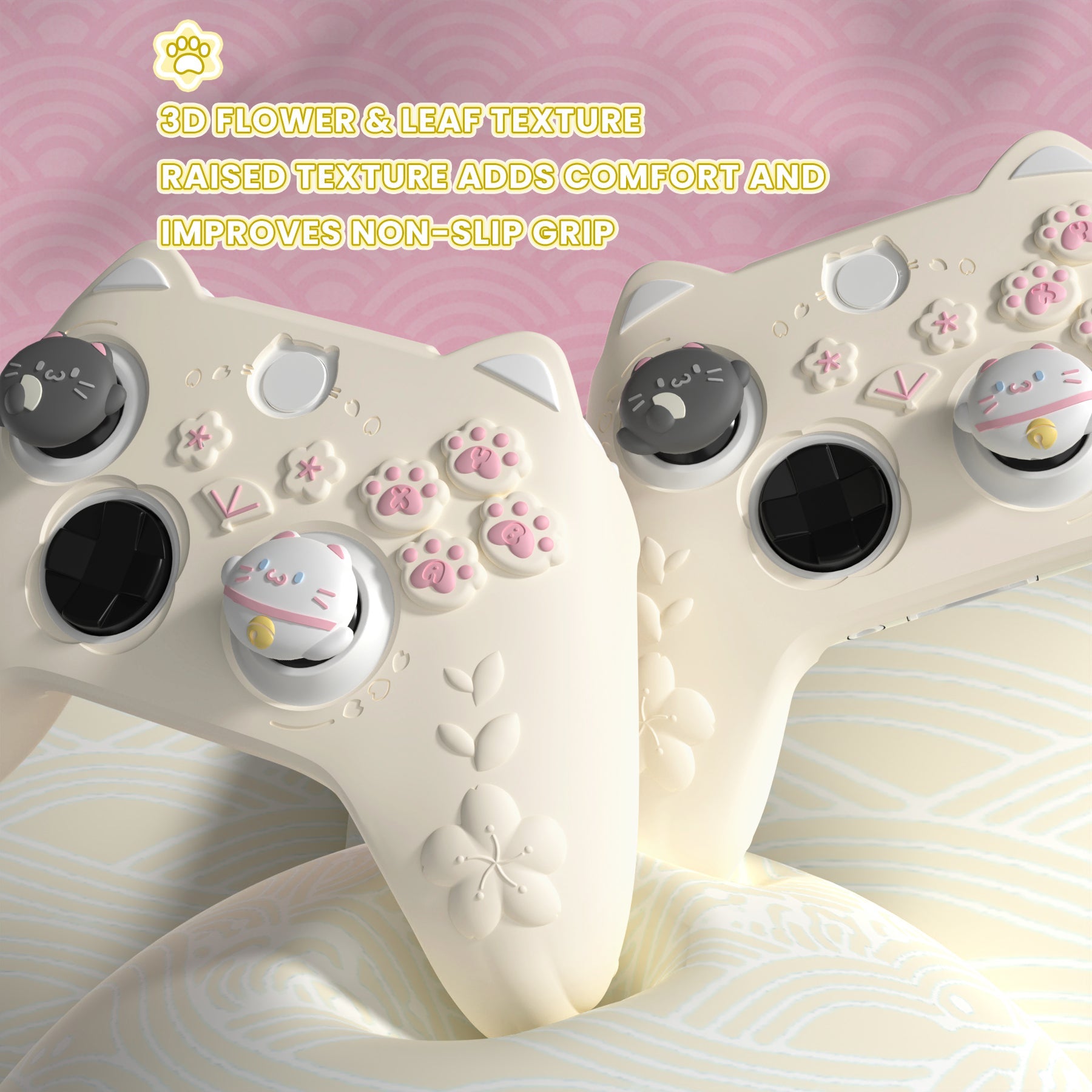 PlayVital Cherry Blossoms Kitten Silicone Cover for Xbox Series X/S Controller, Anti-slip Grip Protector for Xbox Core Wireless Controller with Thumb Grips & Sticker - Antique Yellow PlayVital
