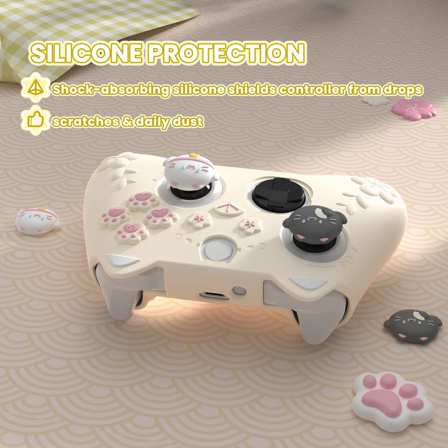 PlayVital Cherry Blossoms Kitten Silicone Cover for Xbox Series X/S Controller, Anti-slip Grip Protector for Xbox Core Wireless Controller with Thumb Grips & Sticker - Antique Yellow PlayVital