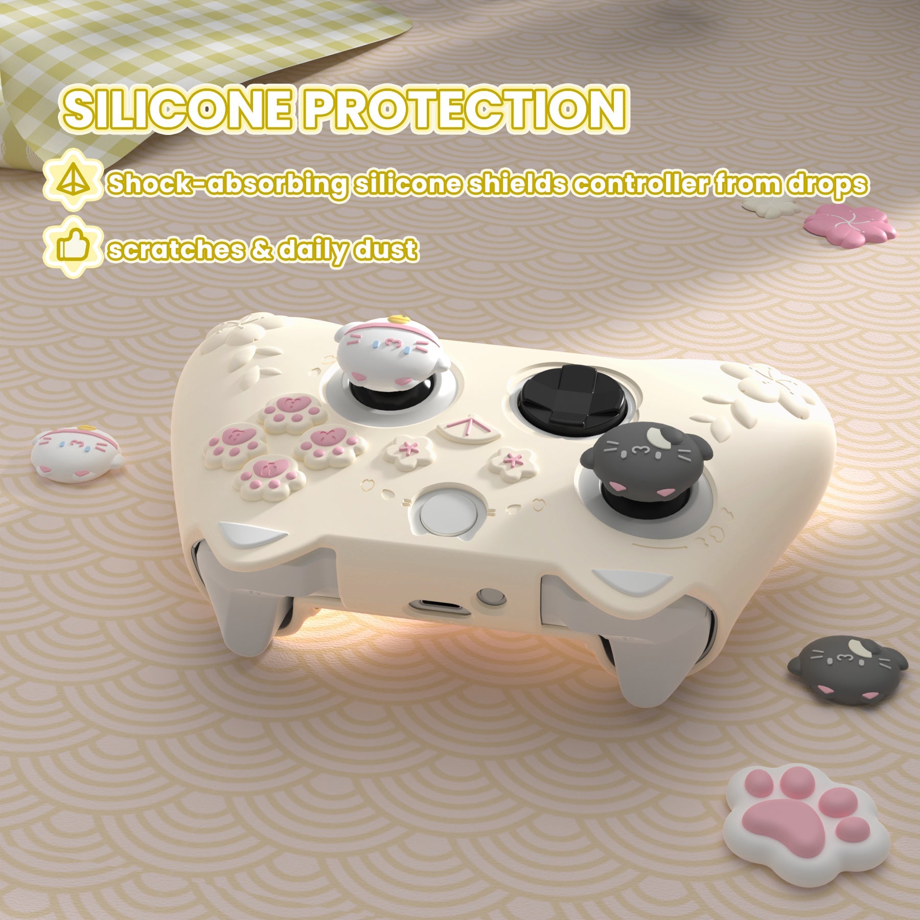PlayVital Cherry Blossoms Kitten Silicone Cover for Xbox Series X/S Controller, Anti-slip Grip Protector for Xbox Core Wireless Controller with Thumb Grips & Sticker - Antique Yellow PlayVital