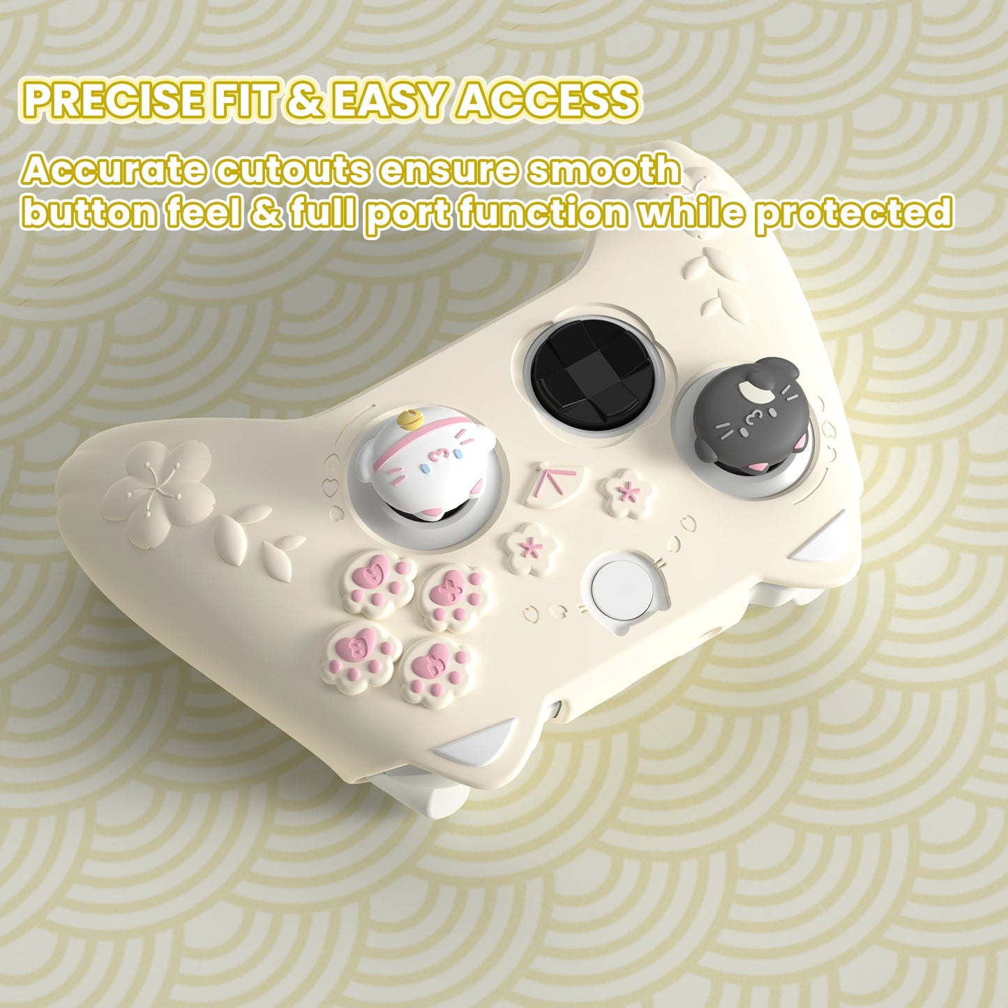 PlayVital Cherry Blossoms Kitten Silicone Cover for Xbox Series X/S Controller, Anti-slip Grip Protector for Xbox Core Wireless Controller with Thumb Grips & Sticker - Antique Yellow PlayVital