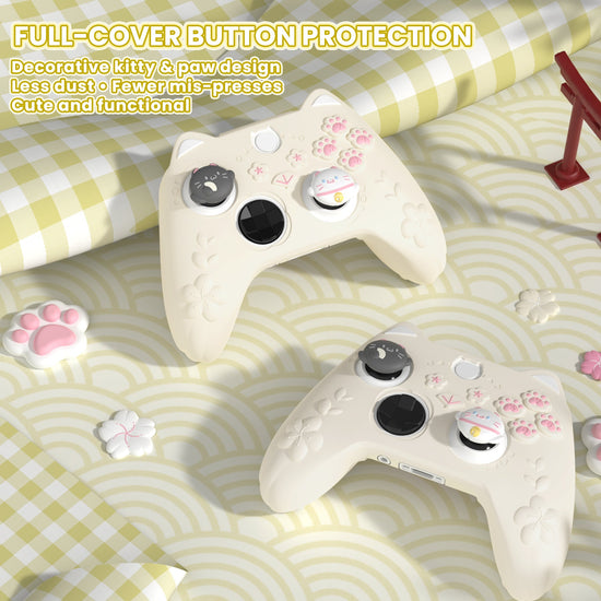 PlayVital Cherry Blossoms Kitten Silicone Cover for Xbox Series X/S Controller, Anti-slip Grip Protector for Xbox Core Wireless Controller with Thumb Grips & Sticker - Antique Yellow PlayVital