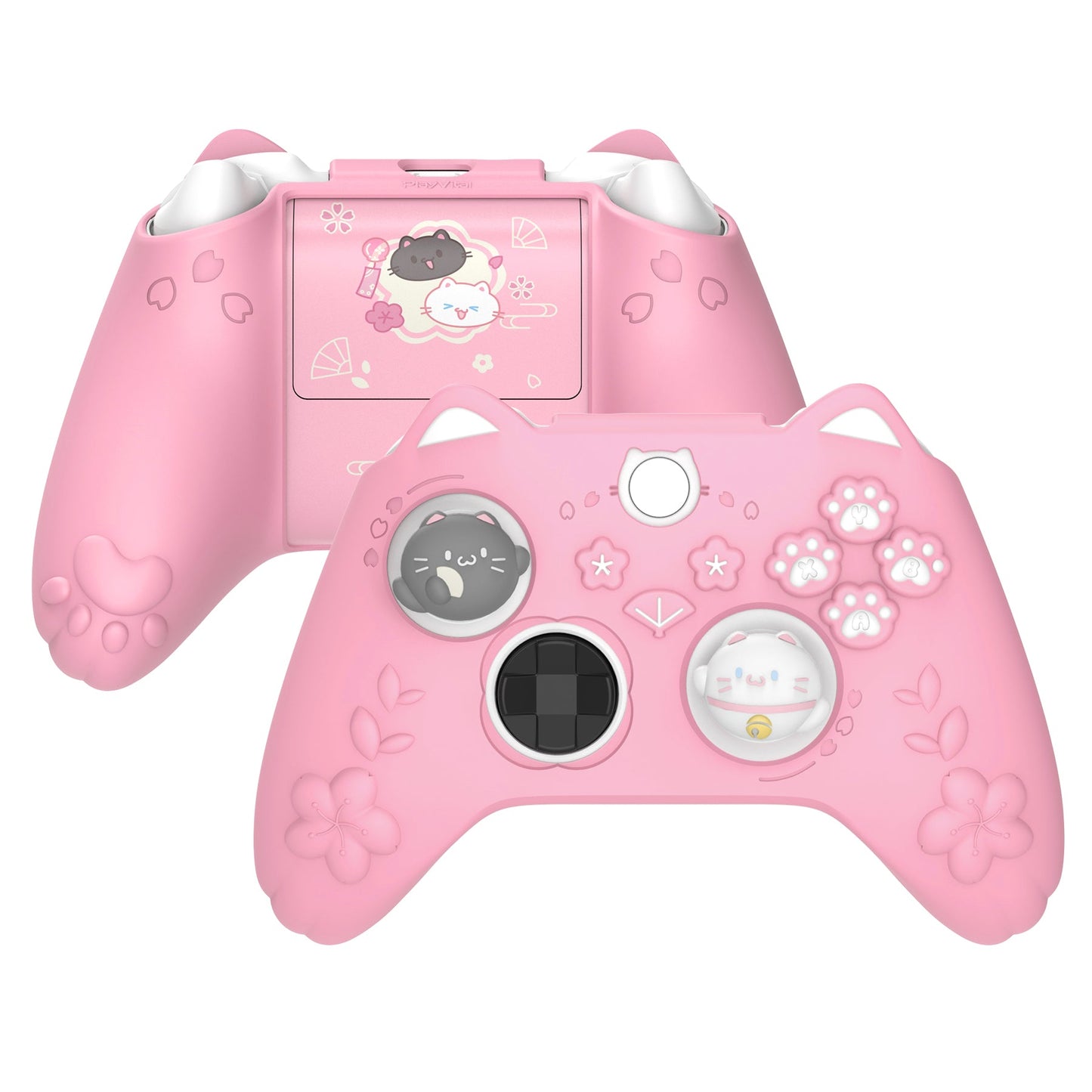 PlayVital Cherry Blossoms Kitten Silicone Cover for Xbox Series X/S Controller, Anti-slip Grip Protector for Xbox Core Wireless Controller with Thumb Grips & Sticker - Pink PlayVital