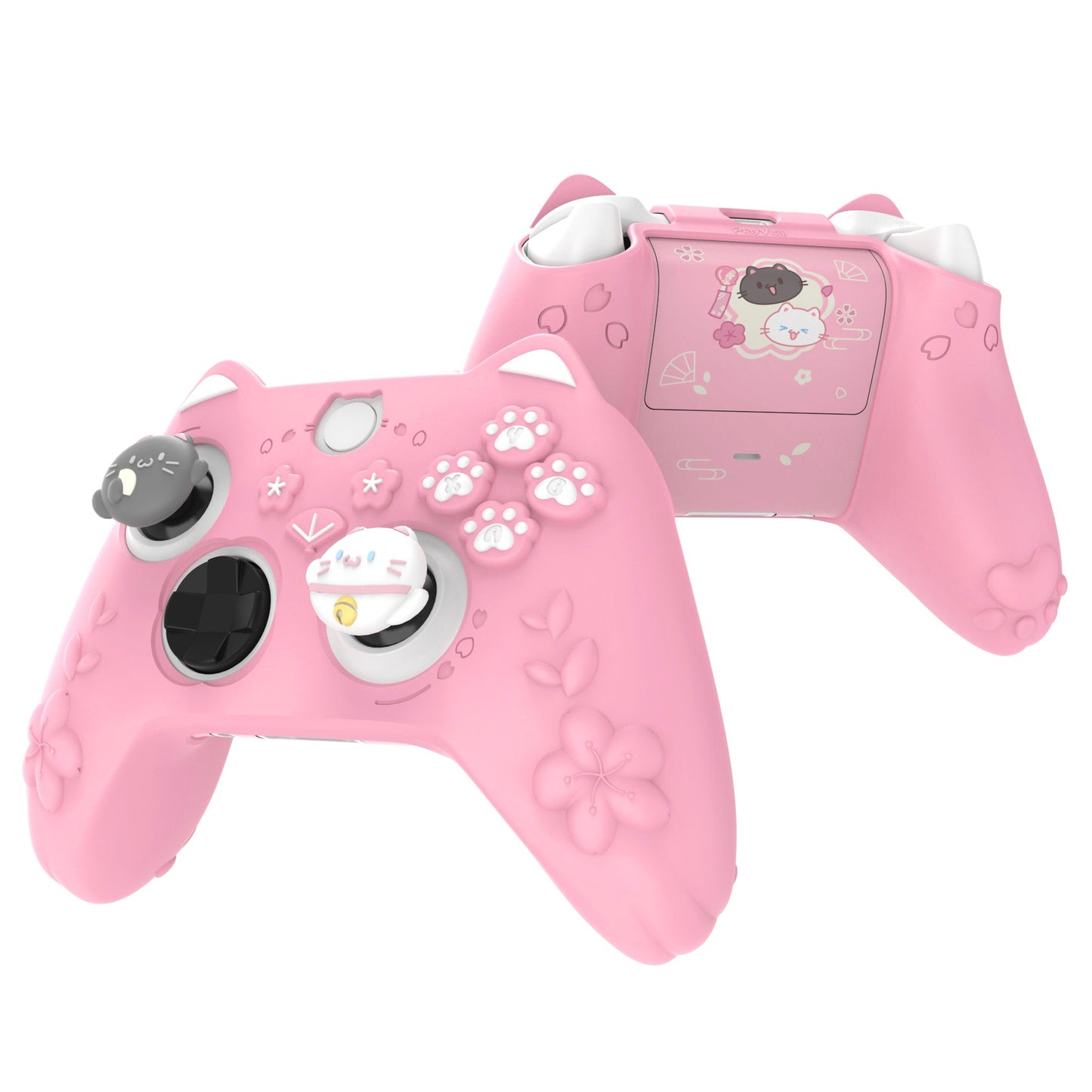 PlayVital Cherry Blossoms Kitten Silicone Cover for Xbox Series X/S Controller, Anti-slip Grip Protector for Xbox Core Wireless Controller with Thumb Grips & Sticker - Pink PlayVital